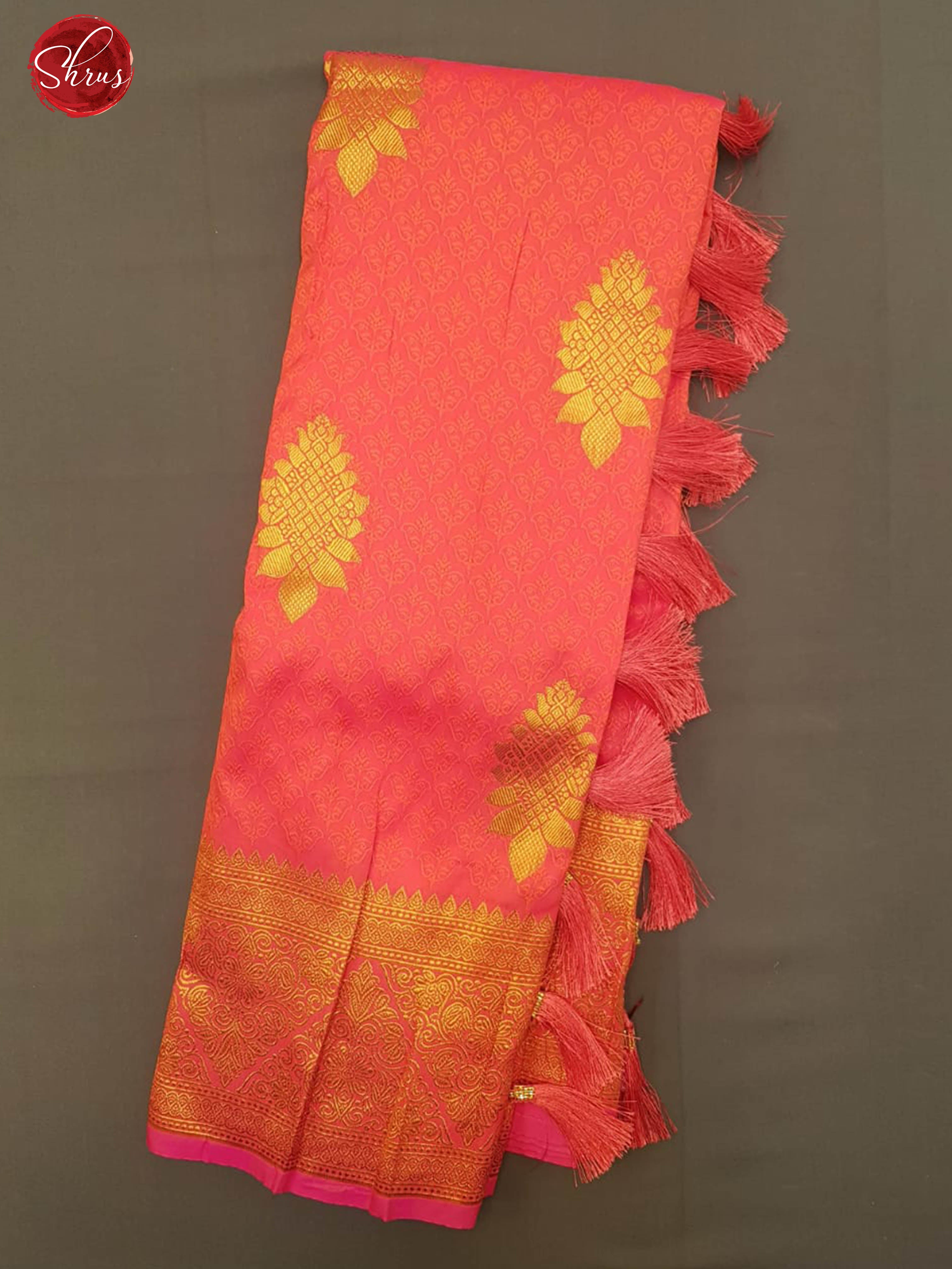 Orangish Pink(Single Tone)- Semi Kanchipuram with Zari woven floral motifs   on the body &  Zari Border - Shop on ShrusEternity.com