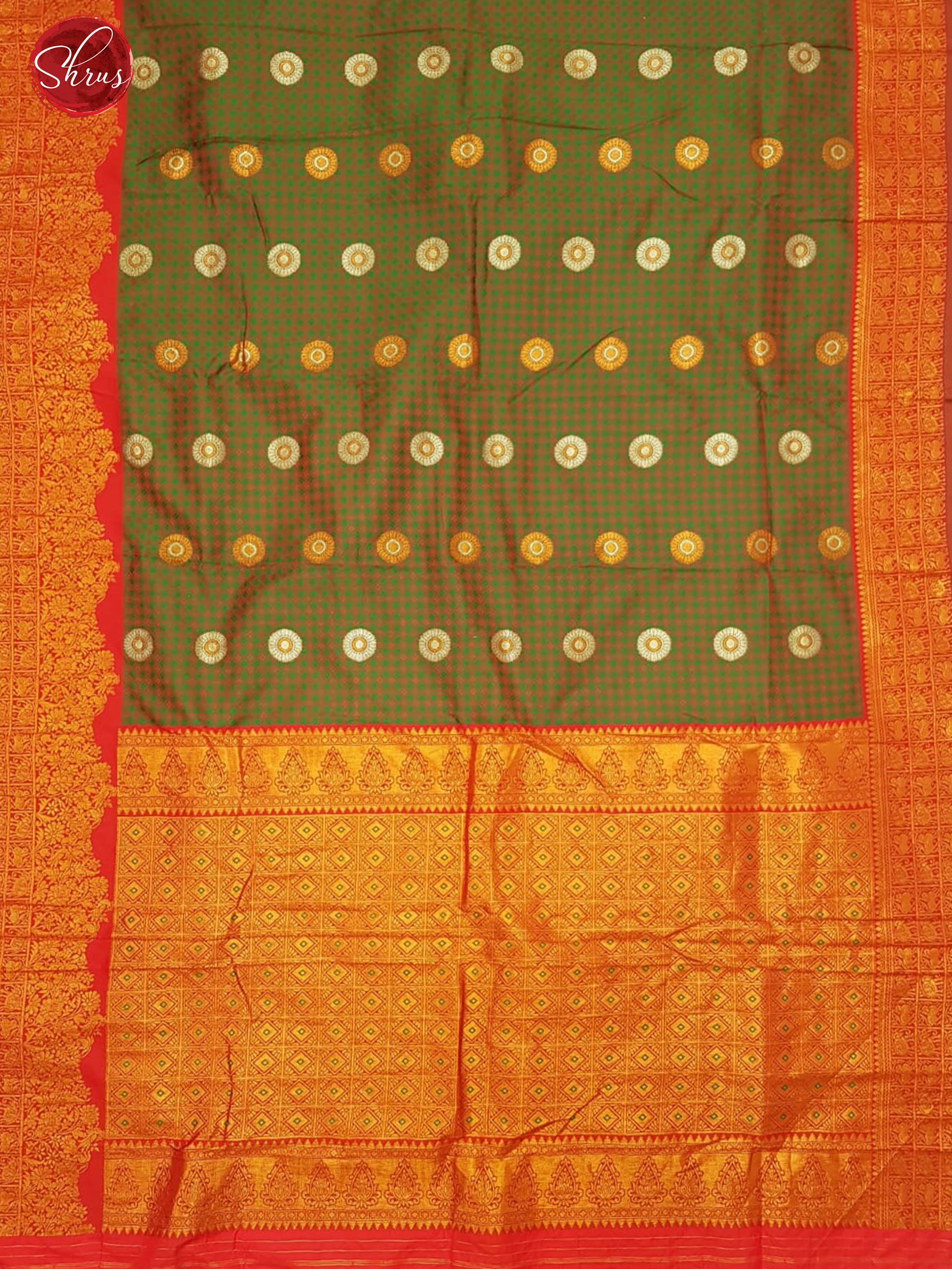Green & Red -Semi Kanchipuram with Zari woven buttas  , self jacquard  on the body & Contrast Zari Border - Shop on ShrusEternity.com