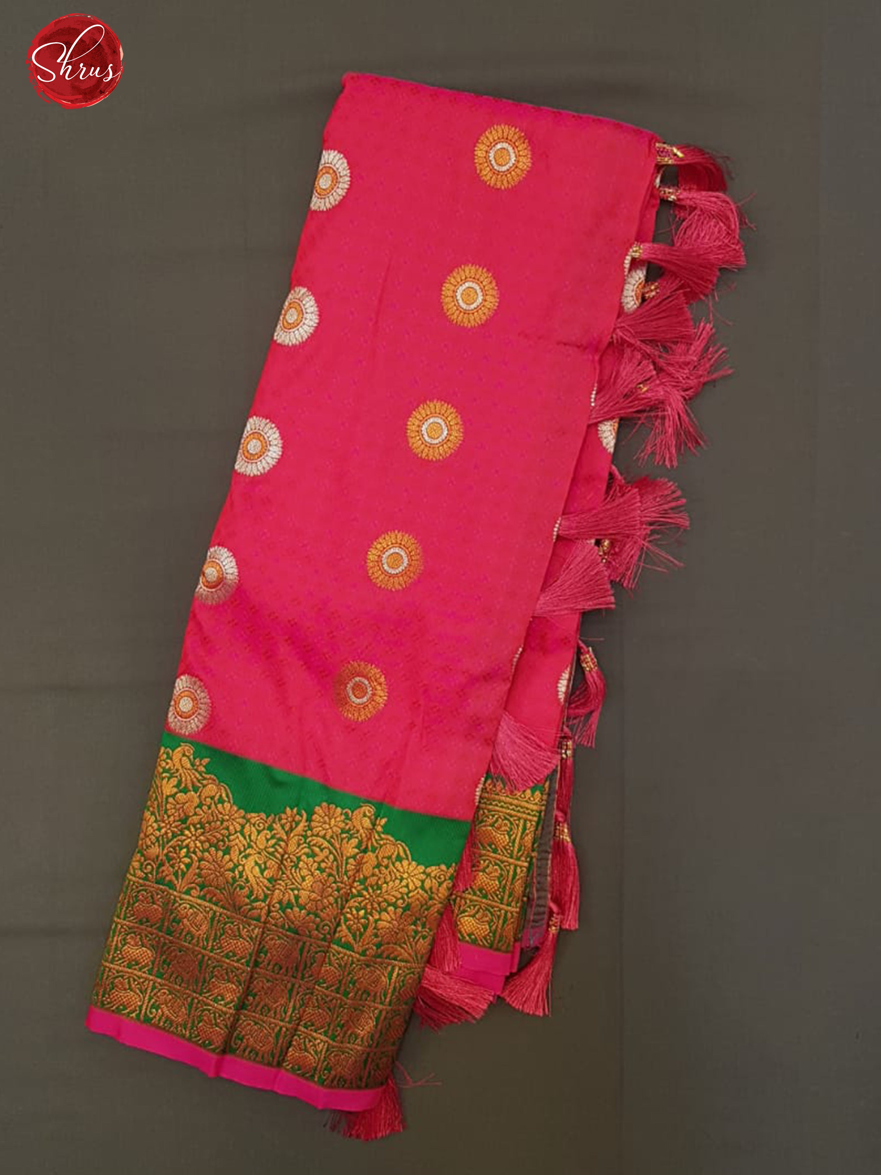 Reddish Pink & Green- Semi Kanchipuram with  gold, silver Zari woven floral  buttas  on the body &   Zari Border - Shop on ShrusEternity.com