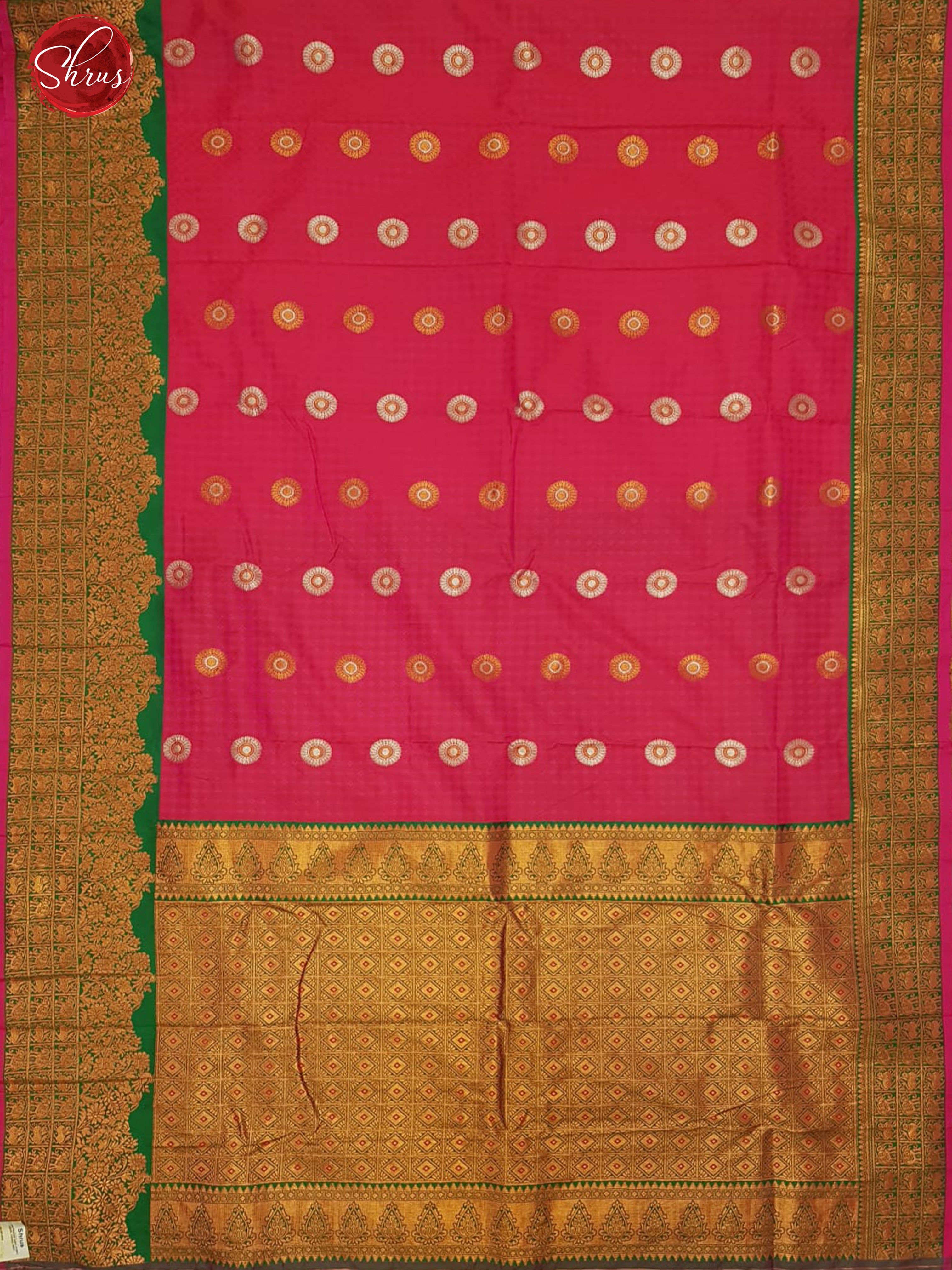 Reddish Pink & Green- Semi Kanchipuram with  gold, silver Zari woven floral  buttas  on the body &   Zari Border - Shop on ShrusEternity.com