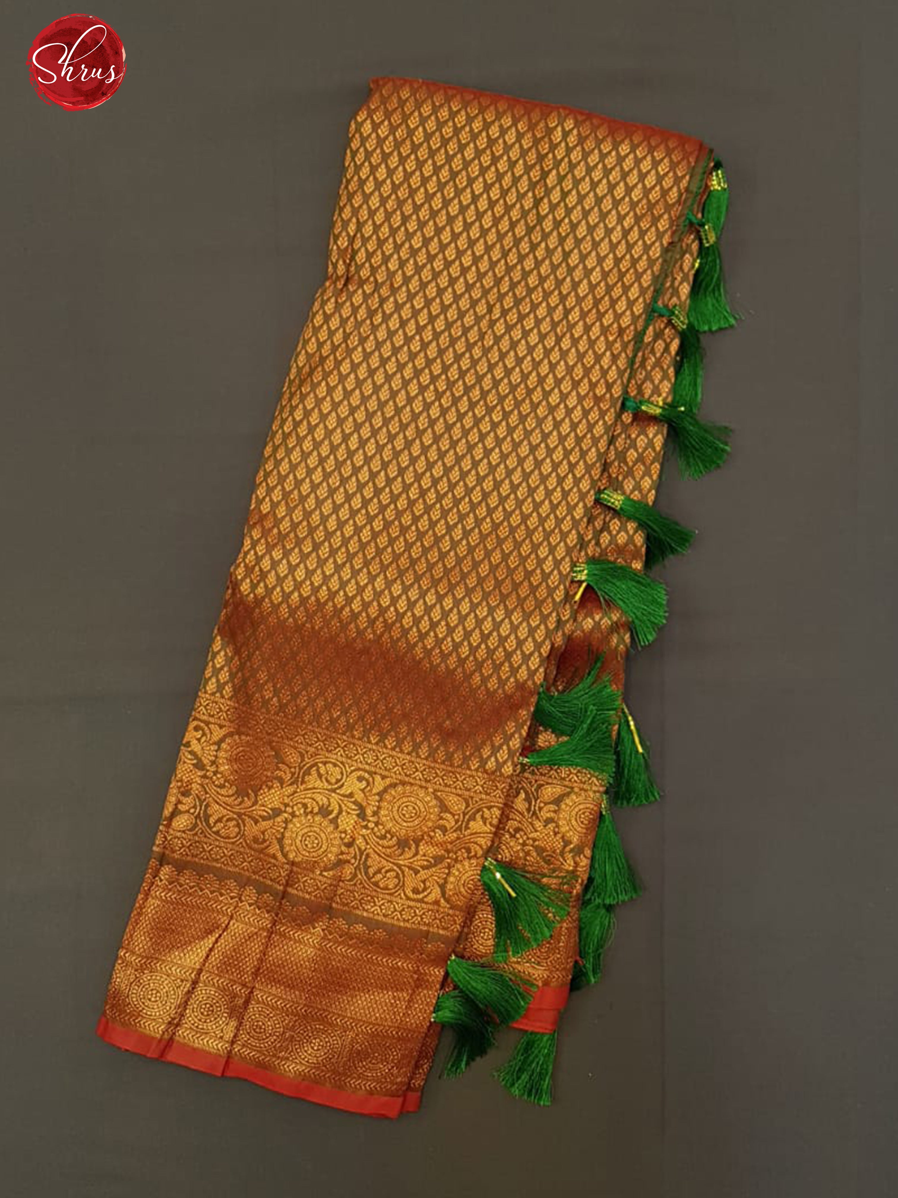 Dull Gold & Green -  Semi Kanchipuram with Zari woven  brocade  on the body &   Zari Border - Shop on ShrusEternity.com
