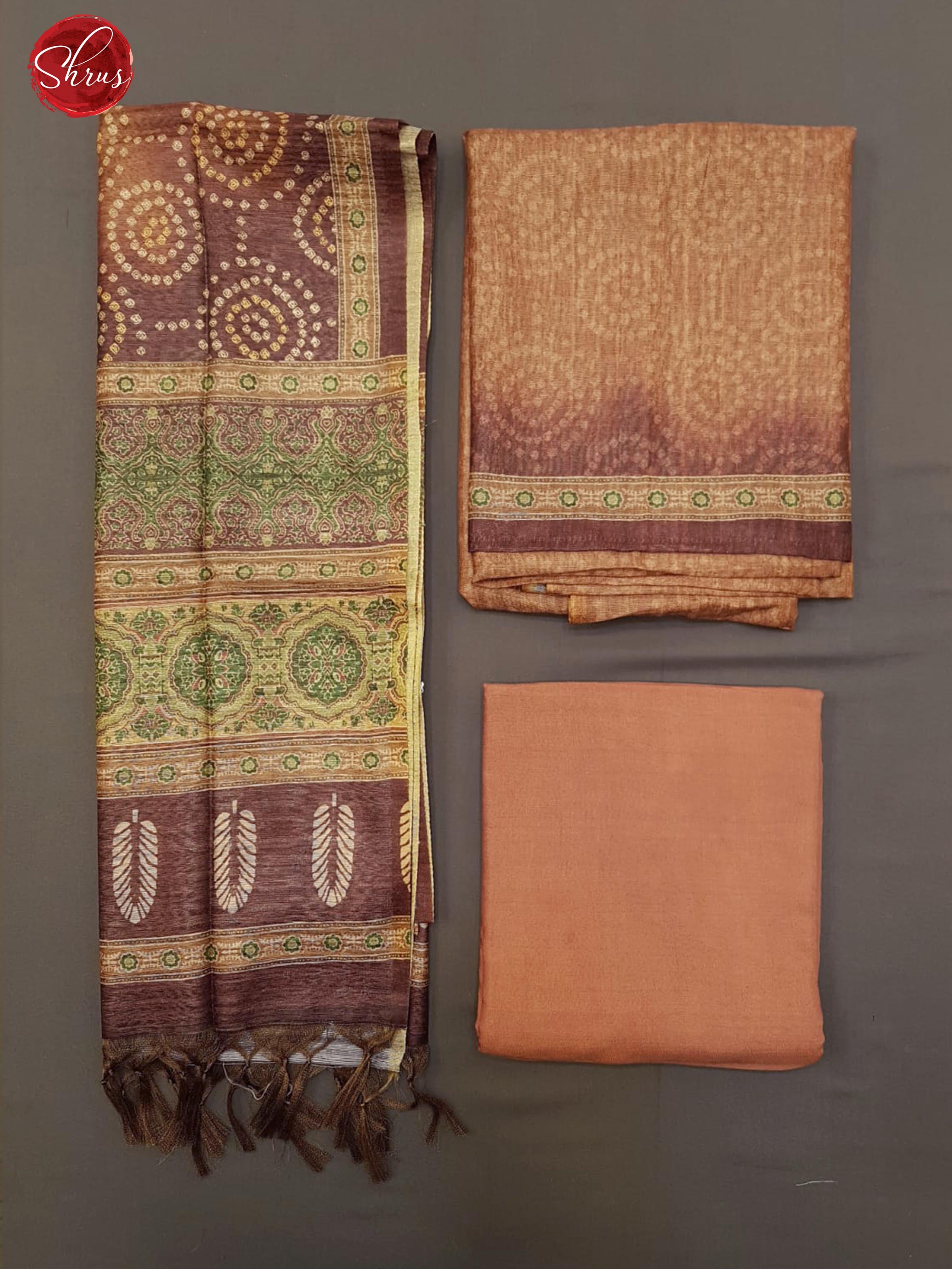 Brown- Matka Salwar Suit with  printed Tops & Dupatta(In the picture left side is dupatta And the right side is Top & Bottom ) - Shop on ShrusEternity.com