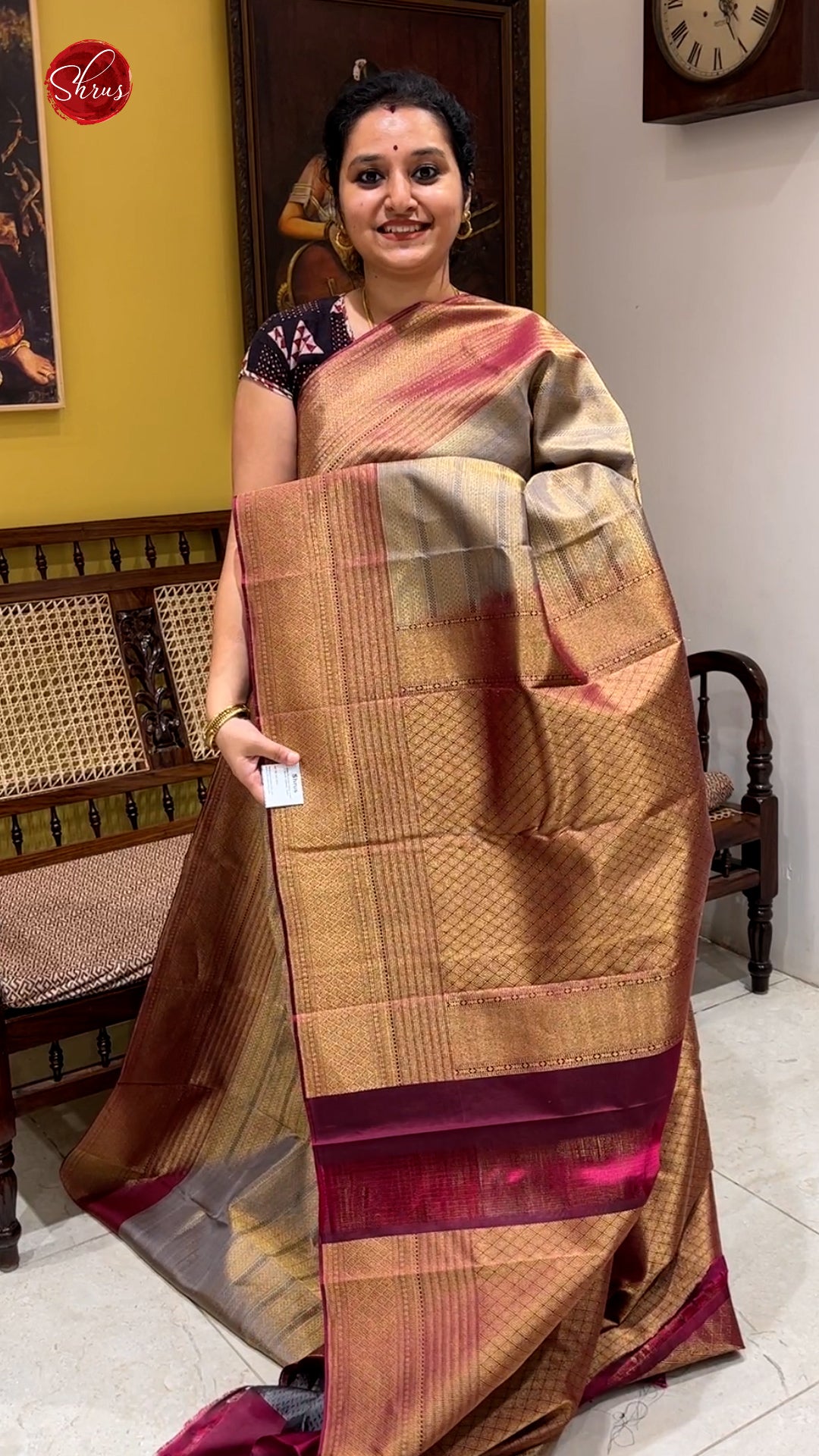 Grey & Wine- Kanchipuram silk with zari woven brocade o the body & Contrast zari border - Shop on ShrusEternity.com