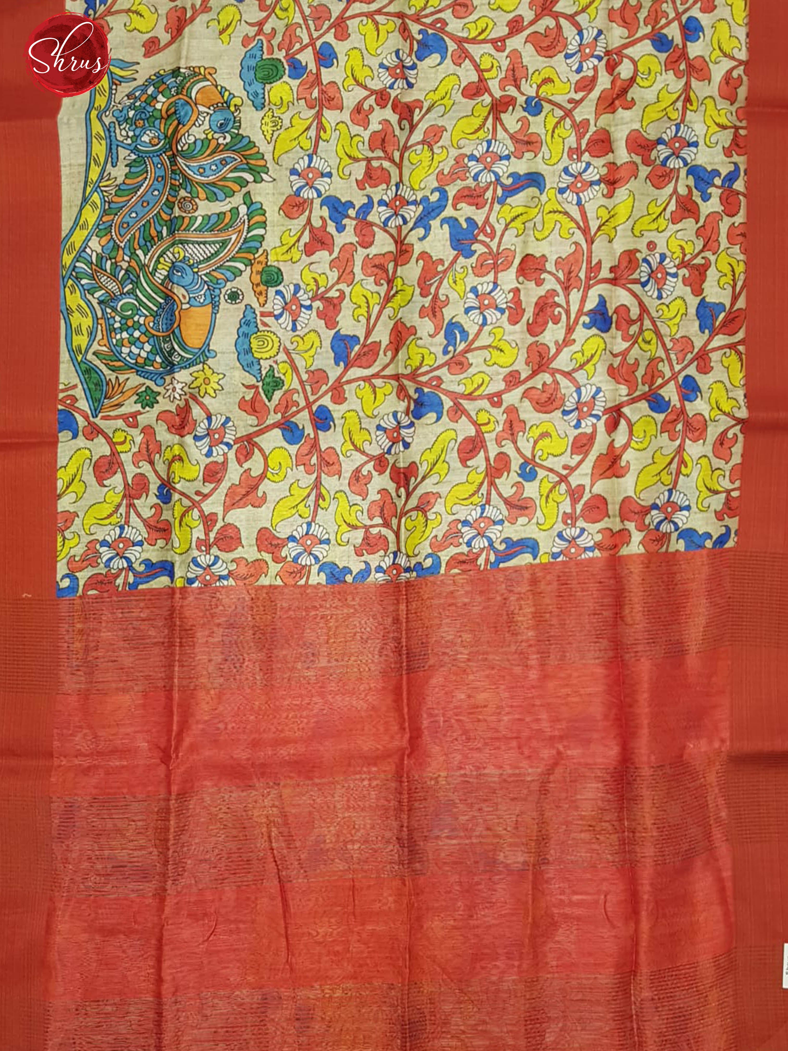 Beige & Red - Semi Jute with kalamkari floral  Printed Body & contrast Border - Shop on ShrusEternity.com