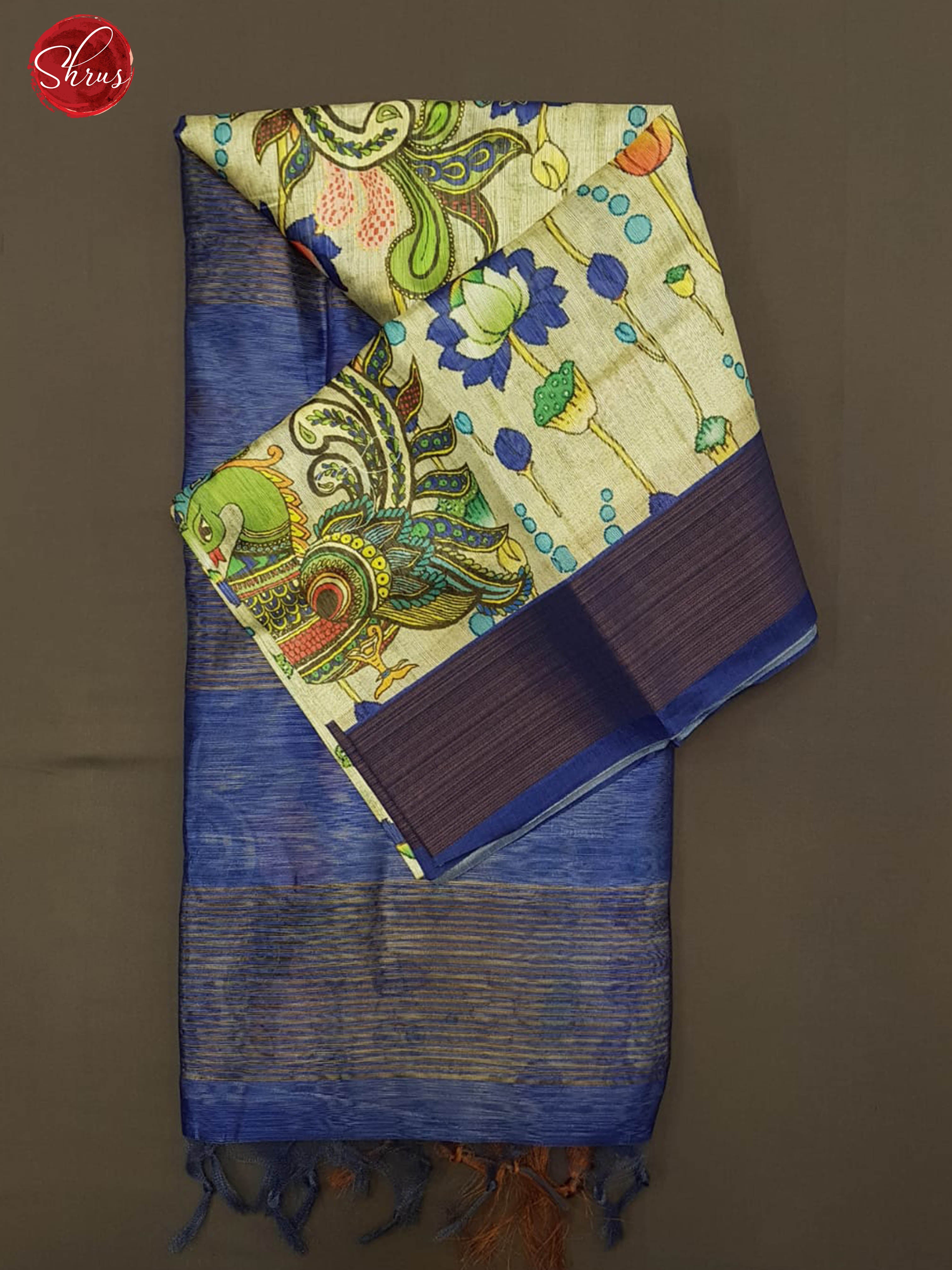 Cream & Blue - Semi Jute with kalamkari floral  Printed Body & contrast Border - Shop on ShrusEternity.com