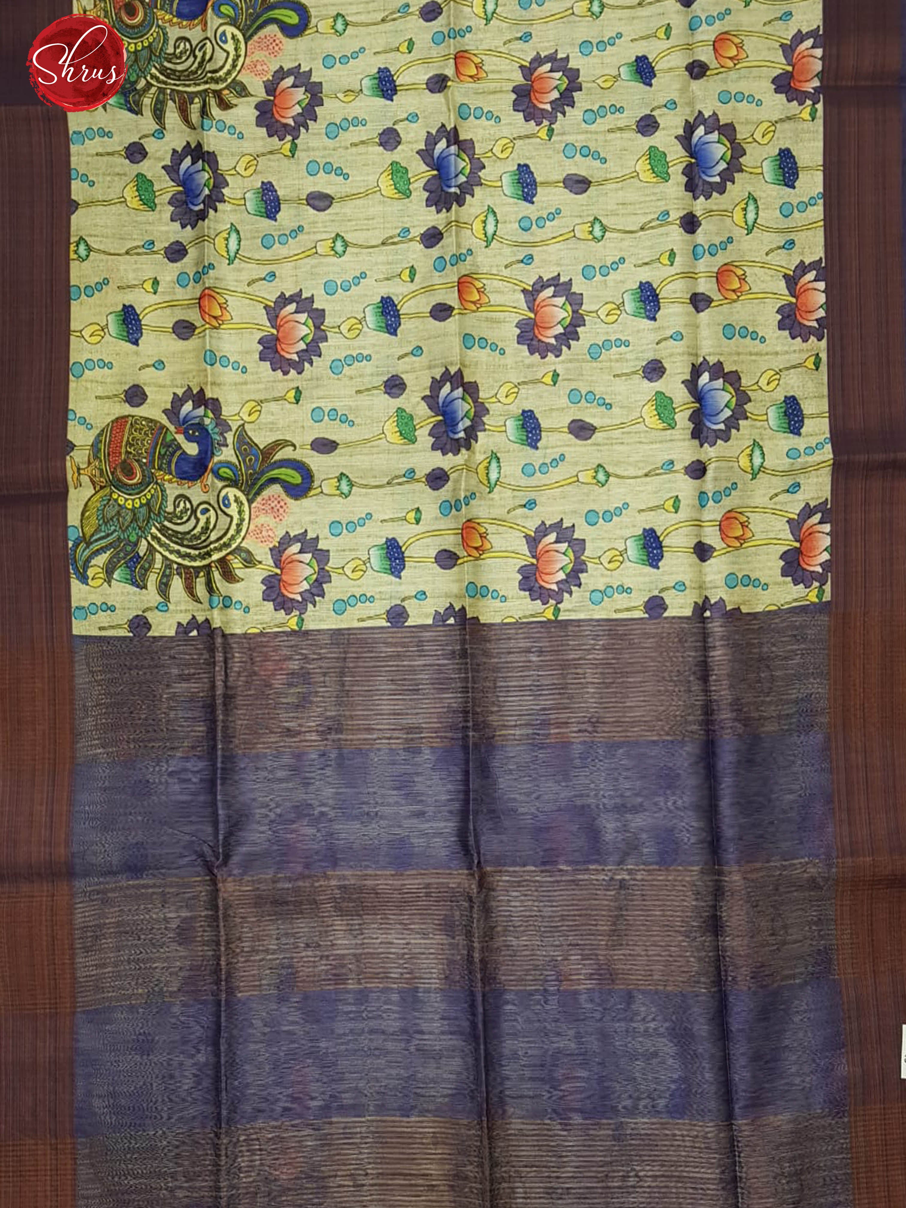 Cream & Blue - Semi Jute with kalamkari floral  Printed Body & contrast Border - Shop on ShrusEternity.com