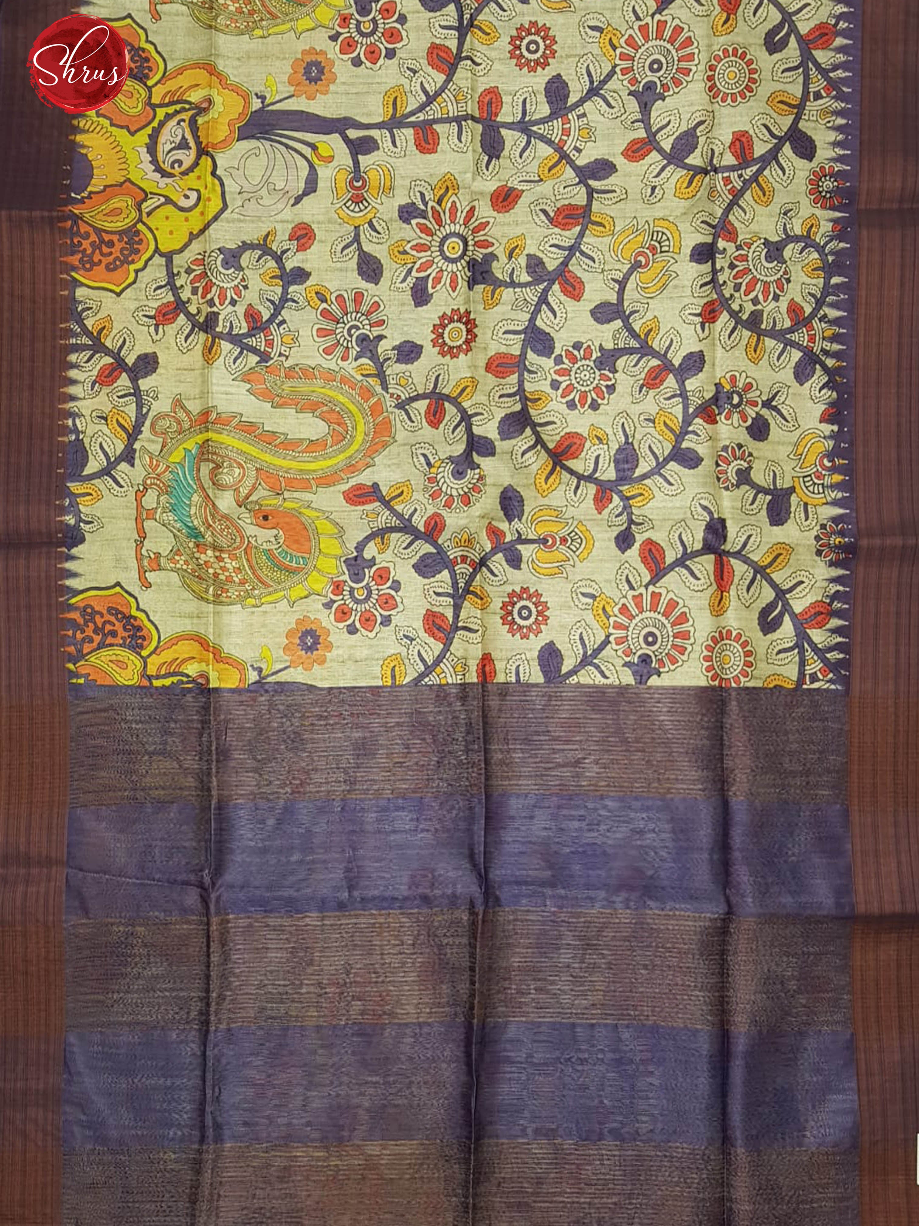 Cream & lavender -Semi Jute with kalamkari floral  Printed Body & contrast Border - Shop on ShrusEternity.com