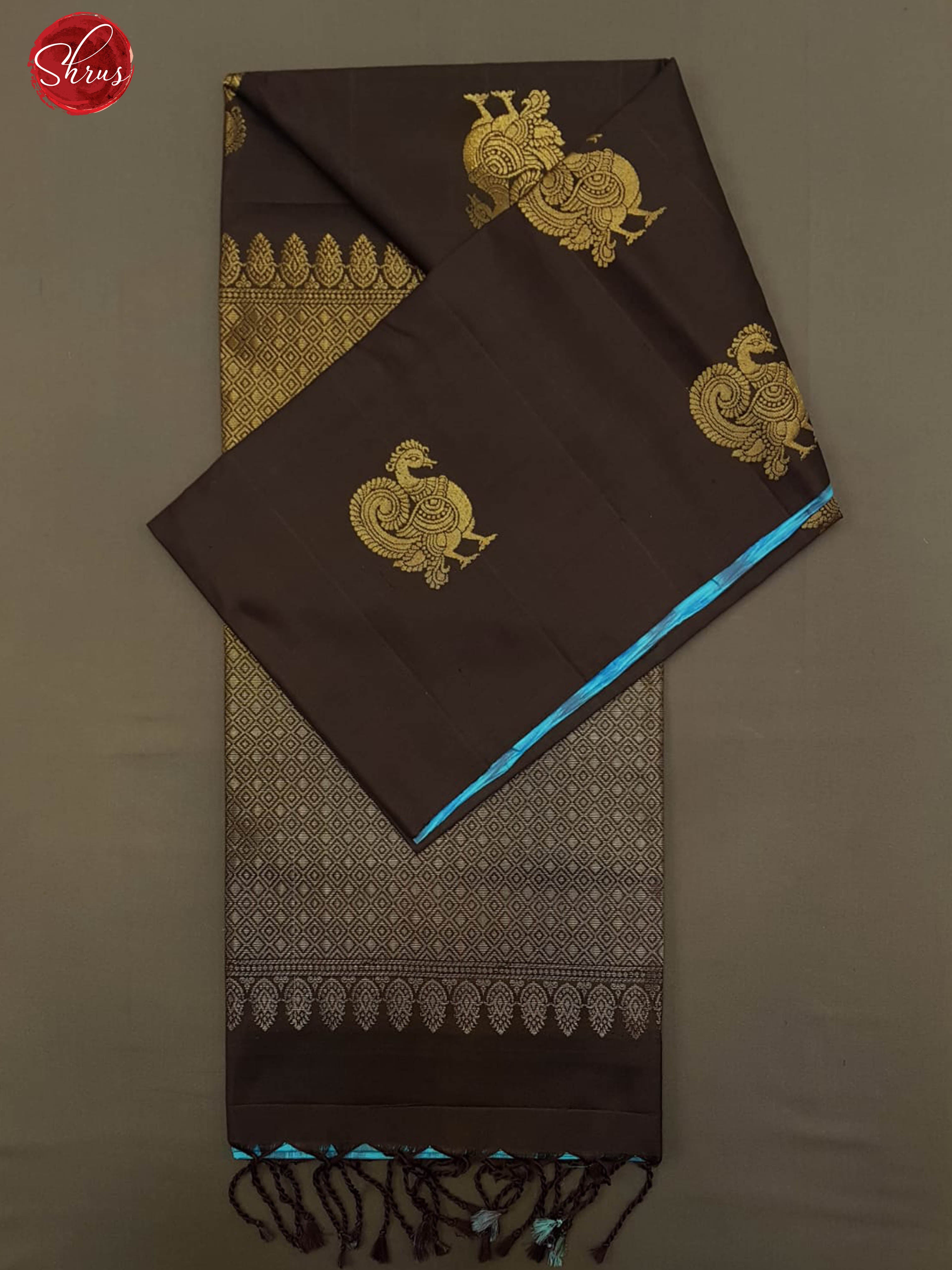 Blue & Brown - Borderless Soft Silk with zari woven Peacock motifs on the body - Shop on ShrusEternity.com