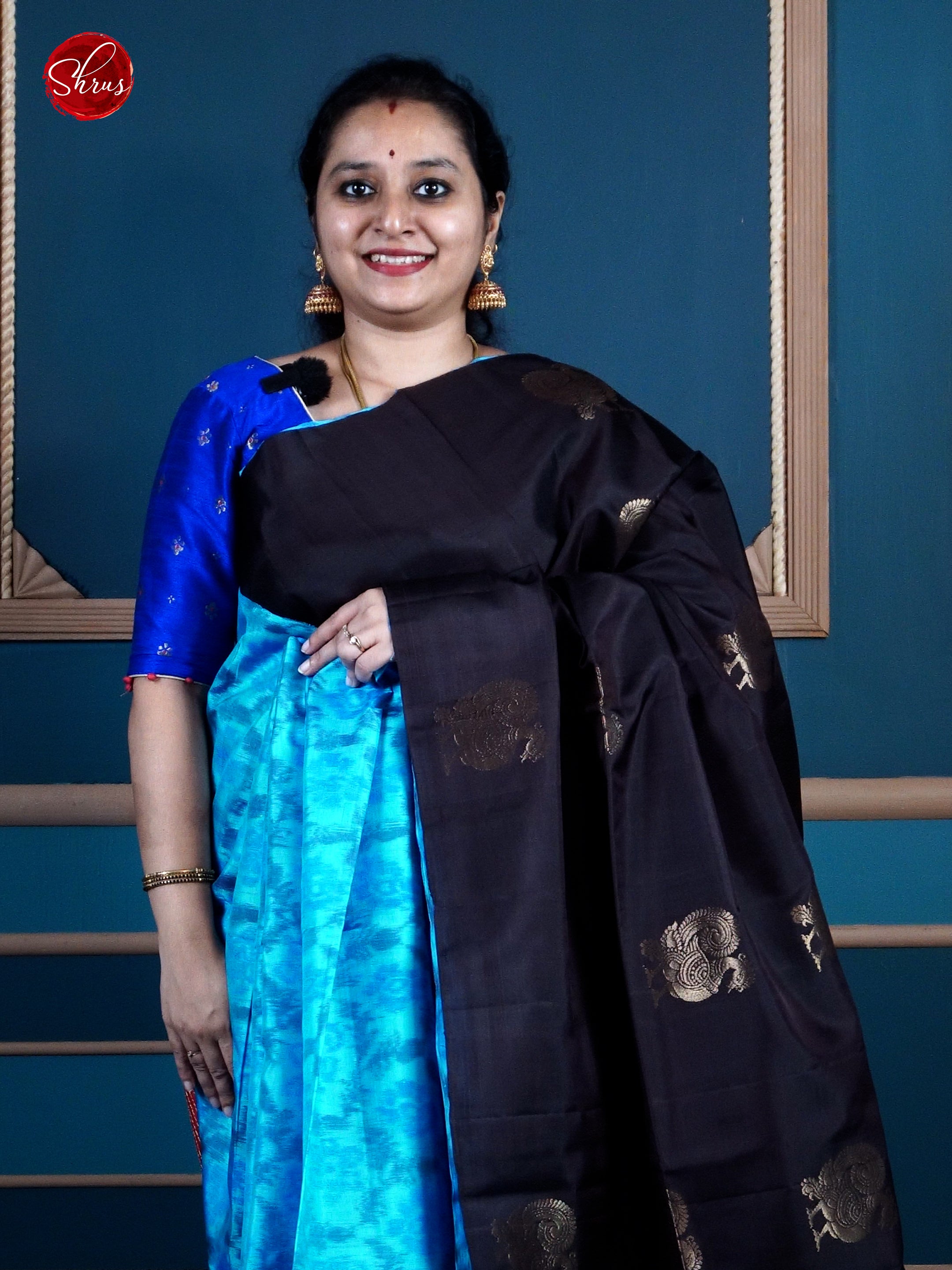 Blue & Brown - Borderless Soft Silk with zari woven Peacock motifs on the body - Shop on ShrusEternity.com