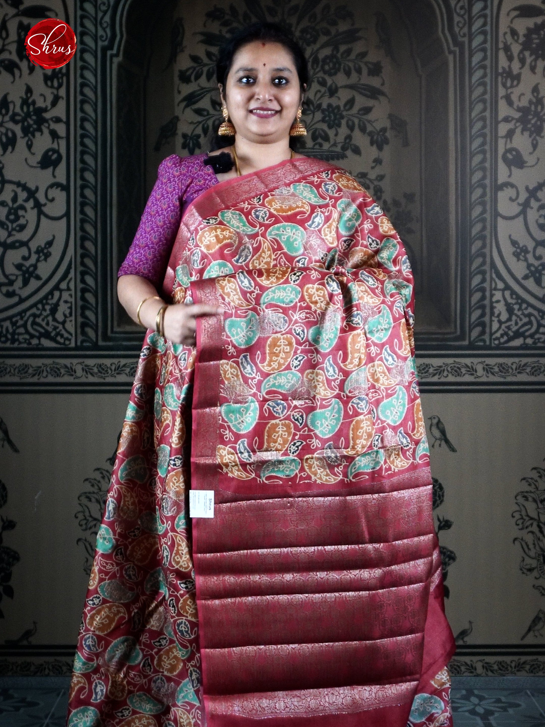Pink(Single Tone)- Tussar with floral print on the body & Zari border - Shop on ShrusEternity.com