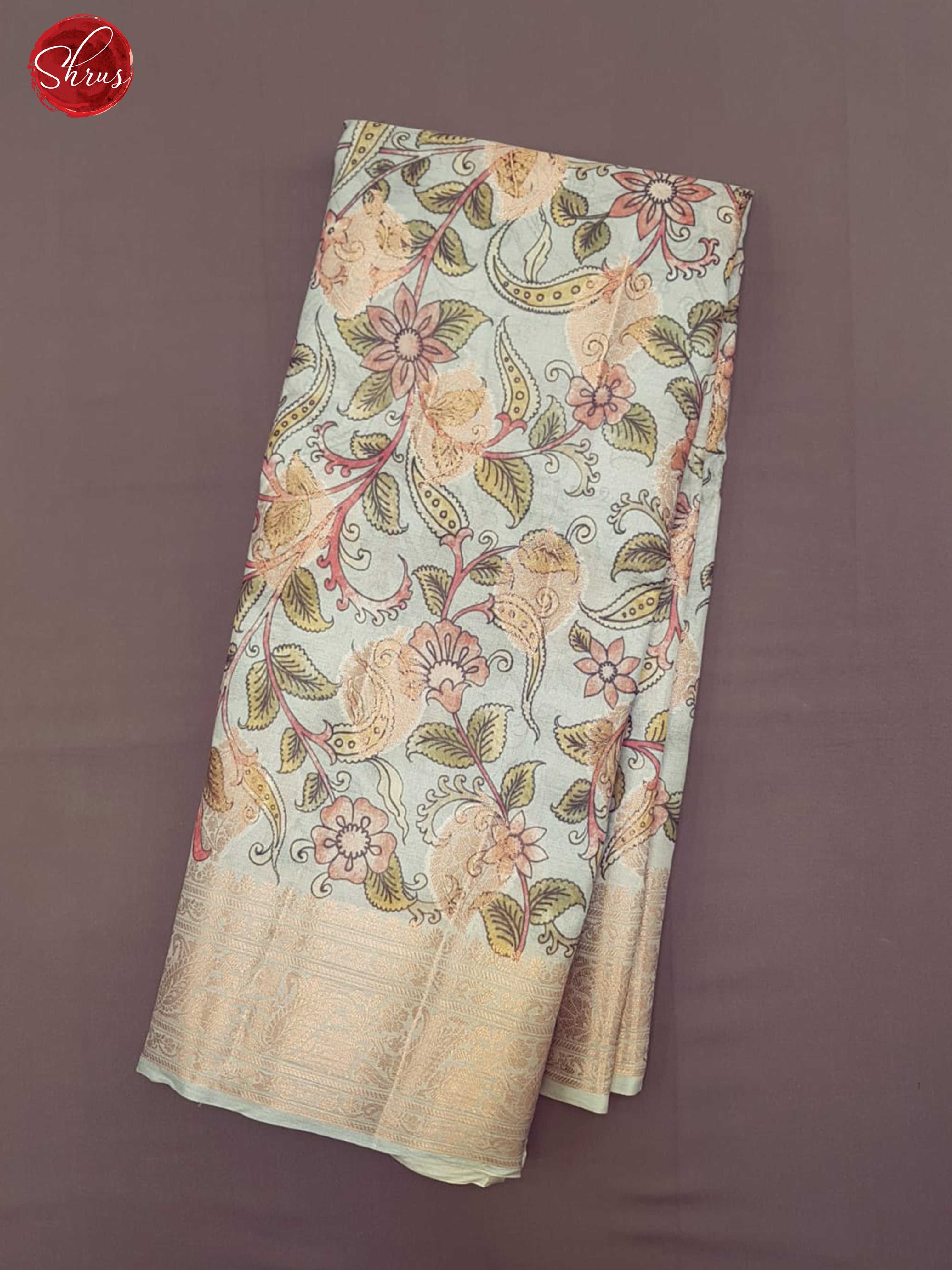 Bluish Grey(Single Tone)-Tussar with   floral print on the body & Zari Border - Shop on ShrusEternity.com