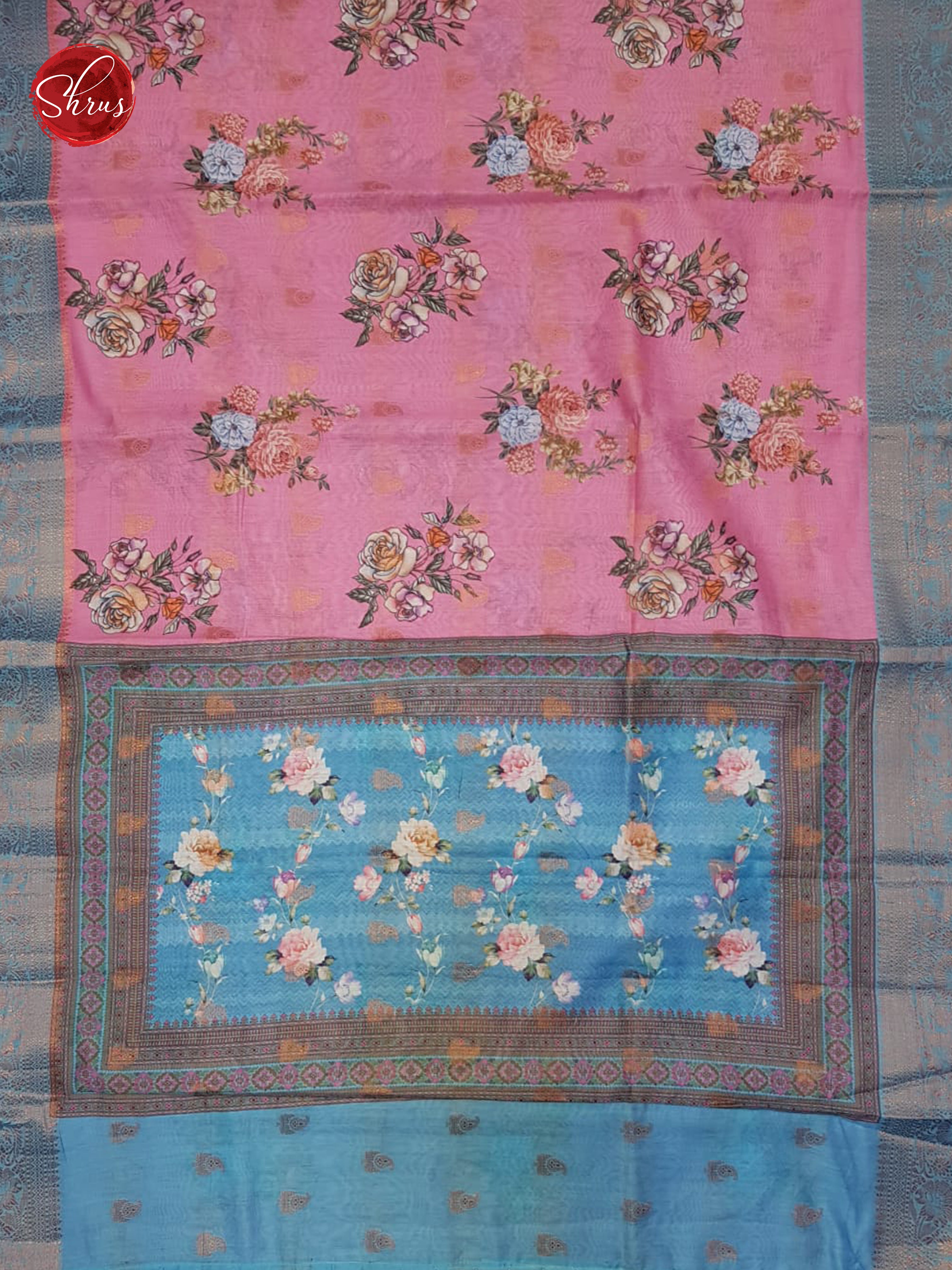 Pink & Blue - Semi Chanderi with floral print on the body & Zari Border - Shop on ShrusEternity.com