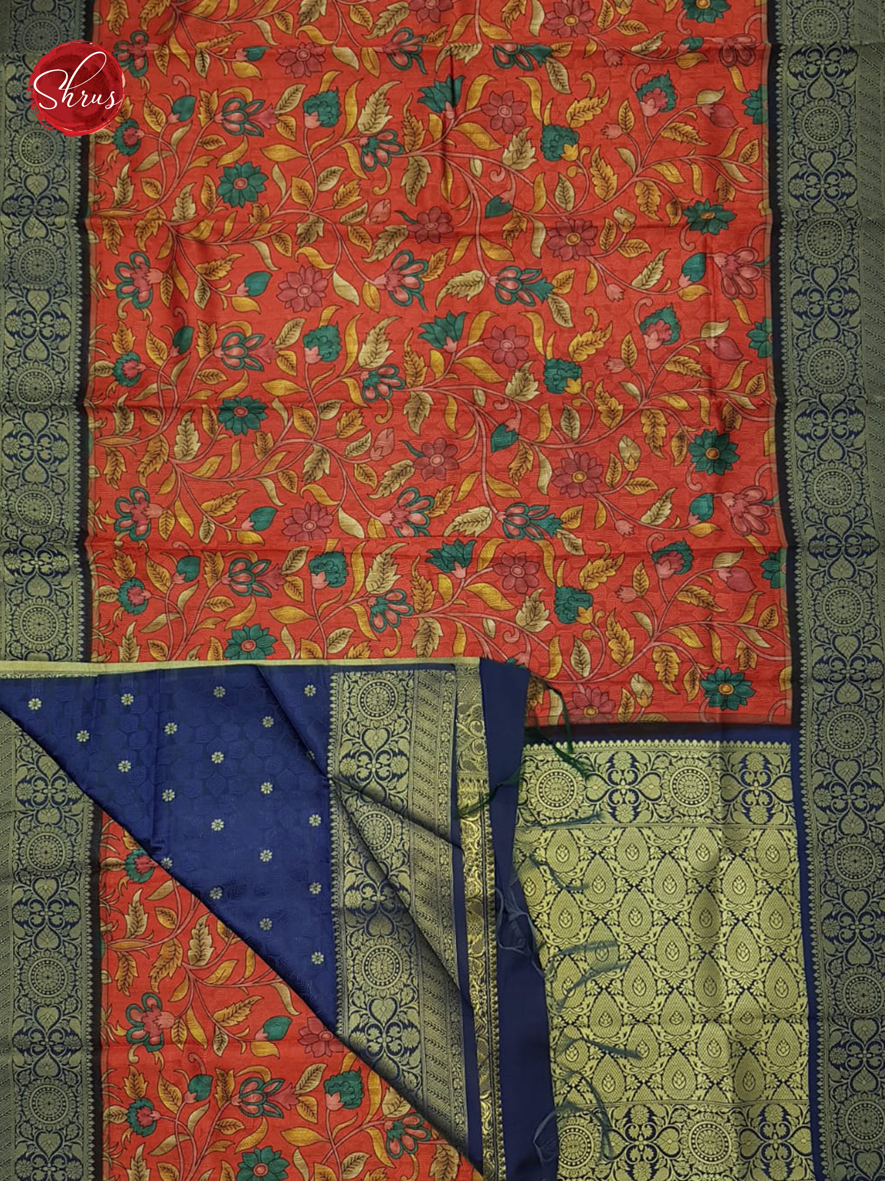 Red & Blue - Art Gadwal with floral print on the body& Contrast Zari Border - Shop on ShrusEternity.com