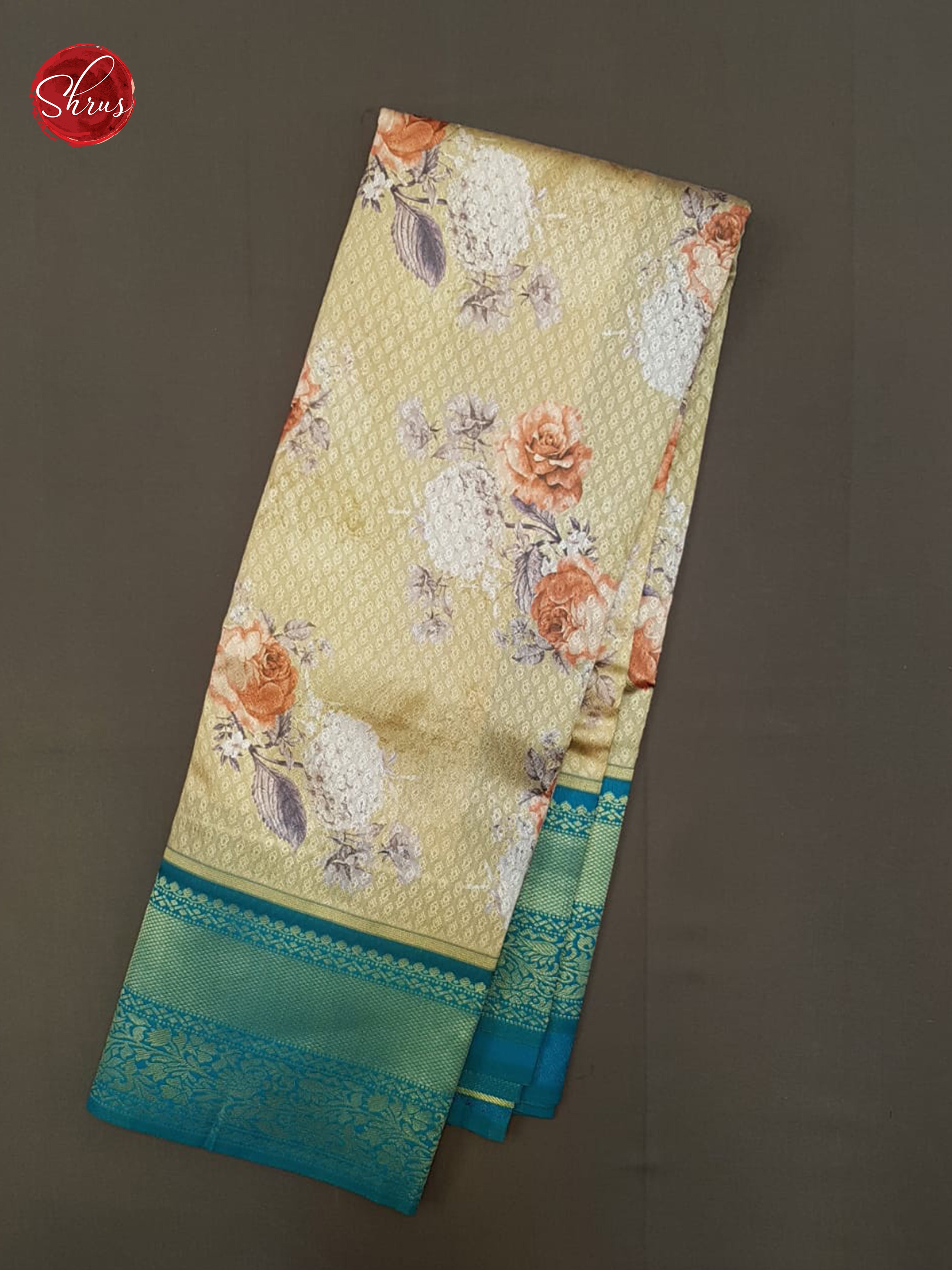 Beige & Blue- Art Gadwal with floral print on the body& Contrast Zari Border - Shop on ShrusEternity.com