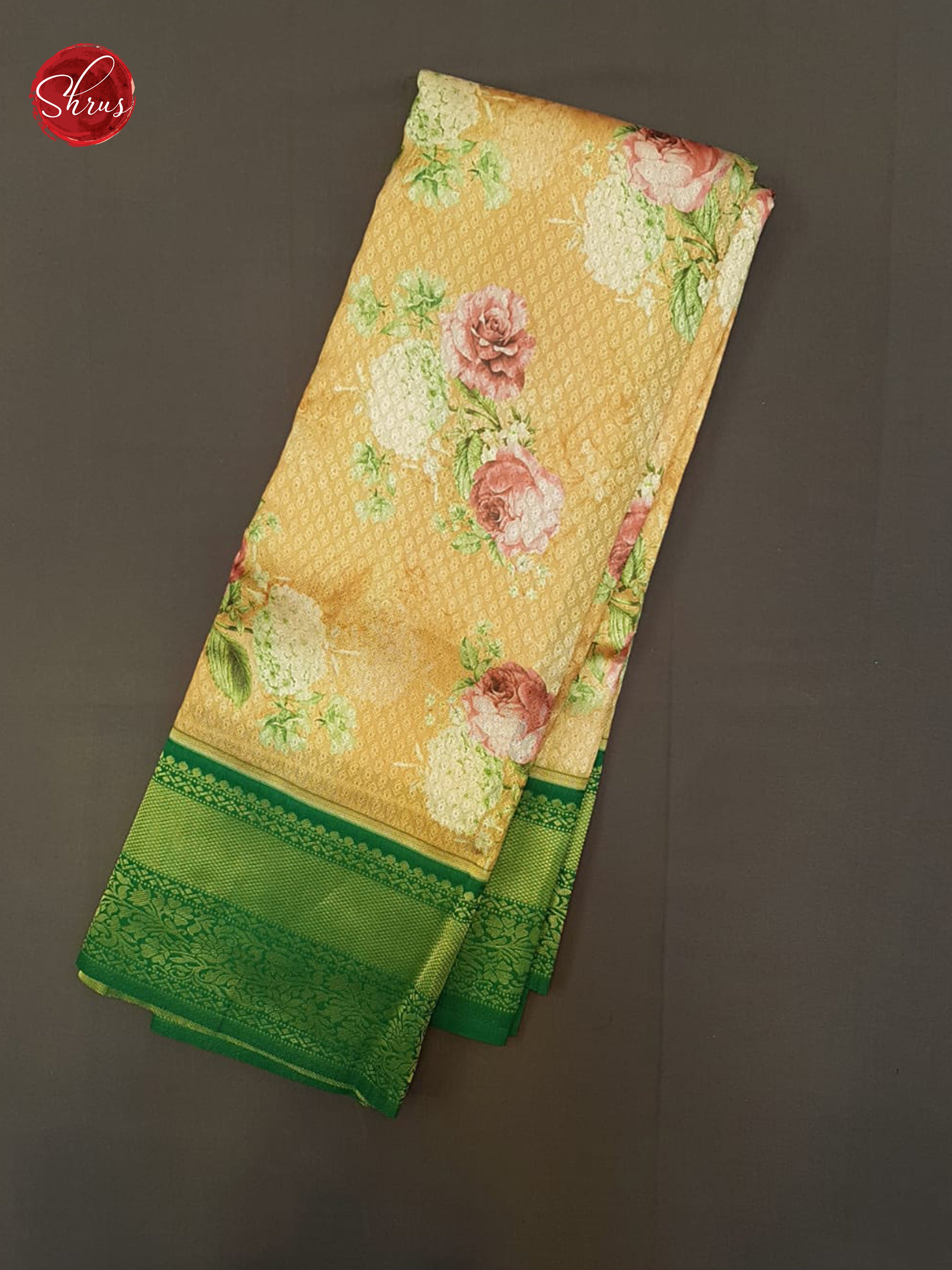 Dull Gold & Green -  Art Gadwal with floral print on the body& Contrast Zari Border - Shop on ShrusEternity.com