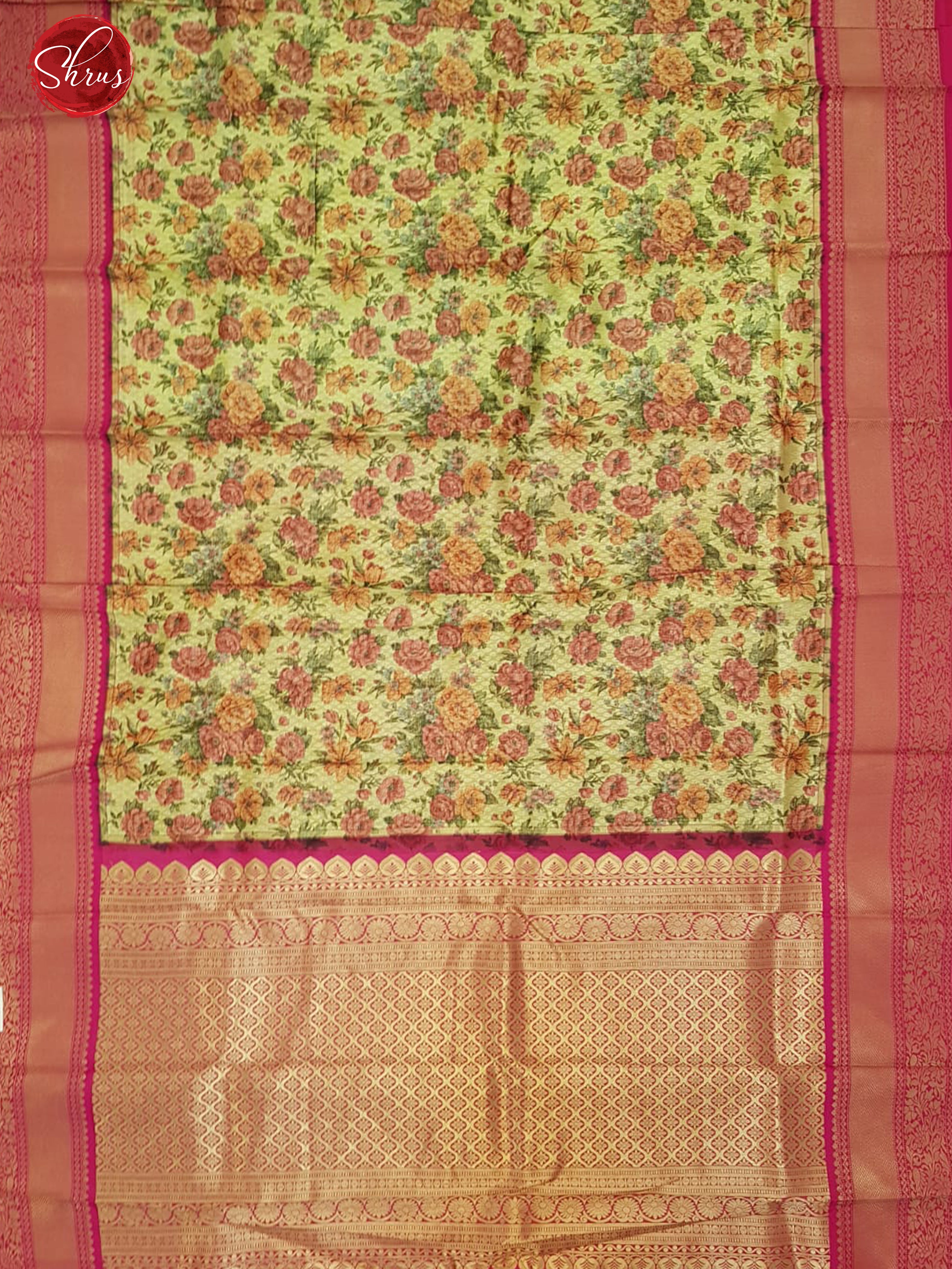 Green & Pink - Art Gadwal with floral print on the body & Contrast Zari Border - Shop on ShrusEternity.com