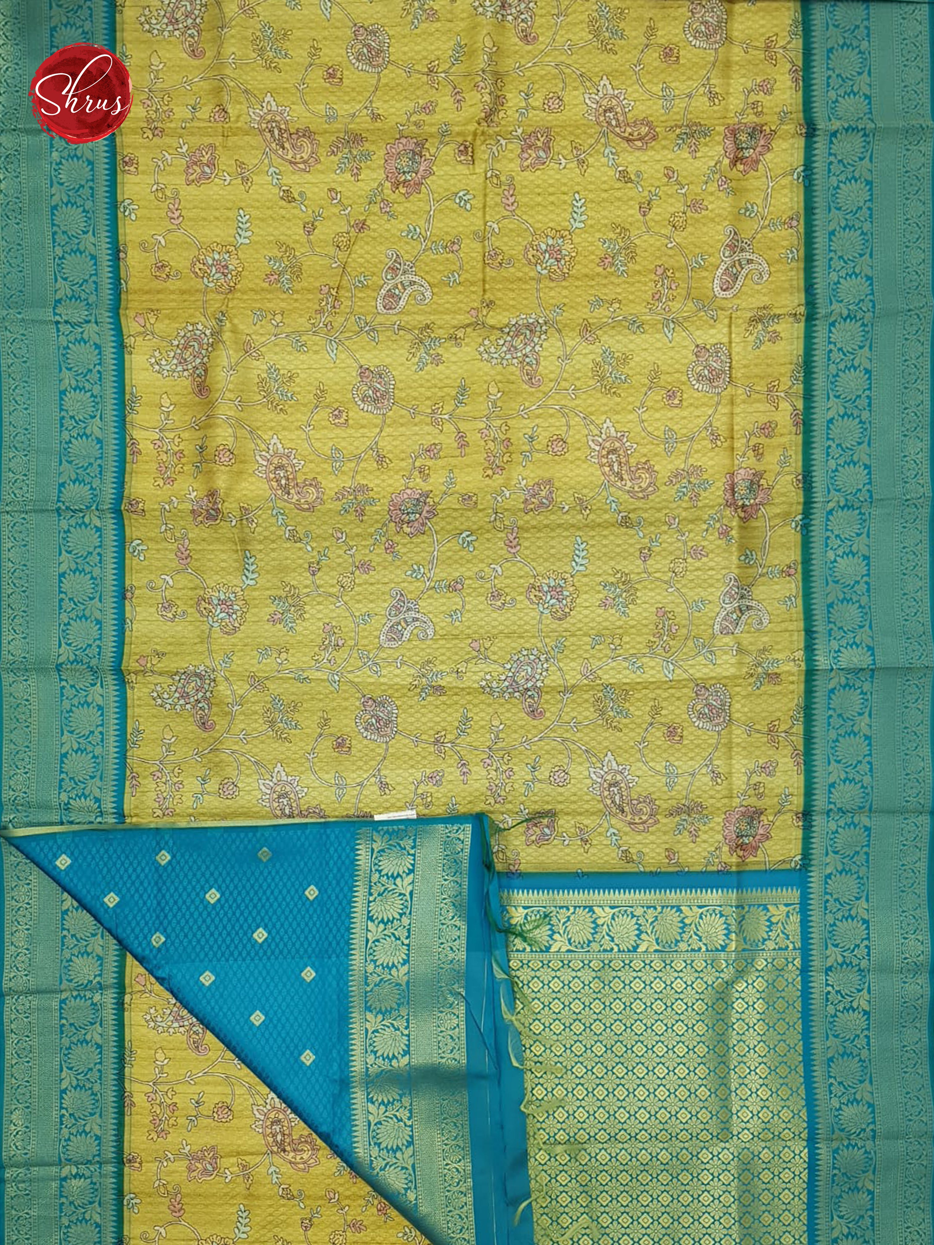 Light Green  & Blue -  Art Gadwal with floral print on the body& Contrast Zari Border - Shop on ShrusEternity.com