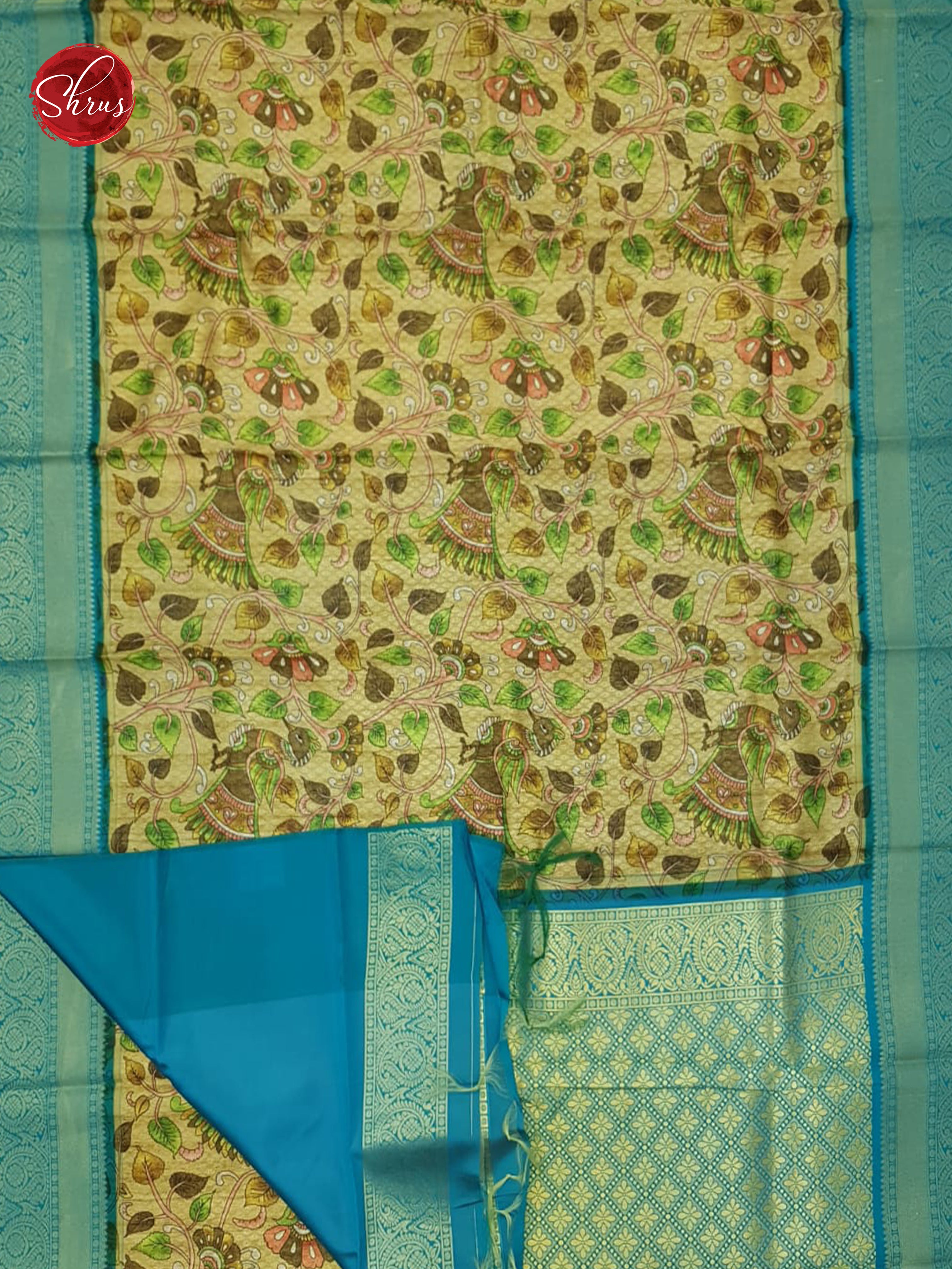 Dull Gold & Blue -  Art Gadwal with floral print on the body& Contrast Zari Border - Shop on ShrusEternity.com