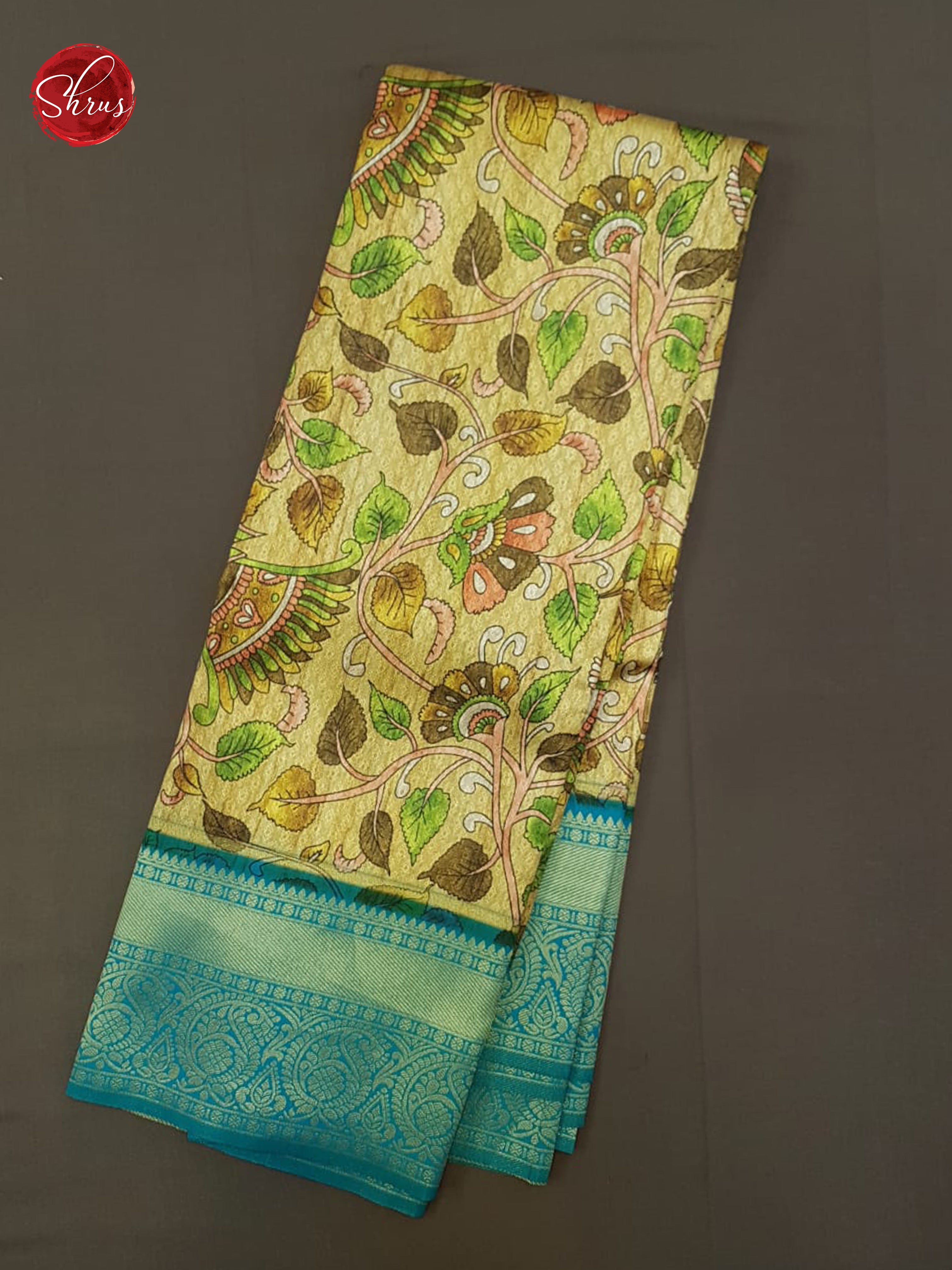 Dull Gold & Blue -  Art Gadwal with floral print on the body& Contrast Zari Border - Shop on ShrusEternity.com