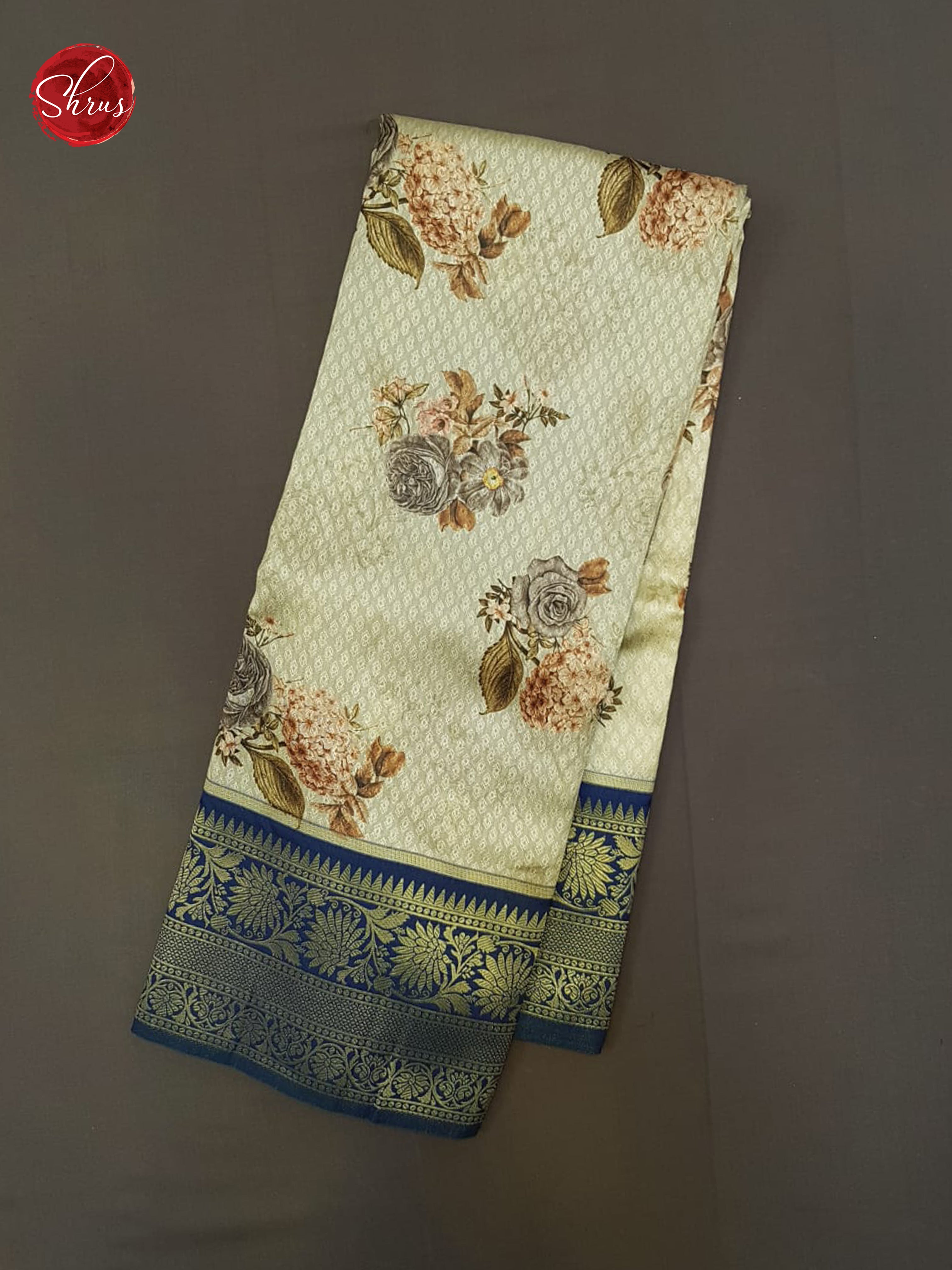 Cream & Blue -  Art Gadwal with floral print on the body& Contrast Zari Border - Shop on ShrusEternity.com