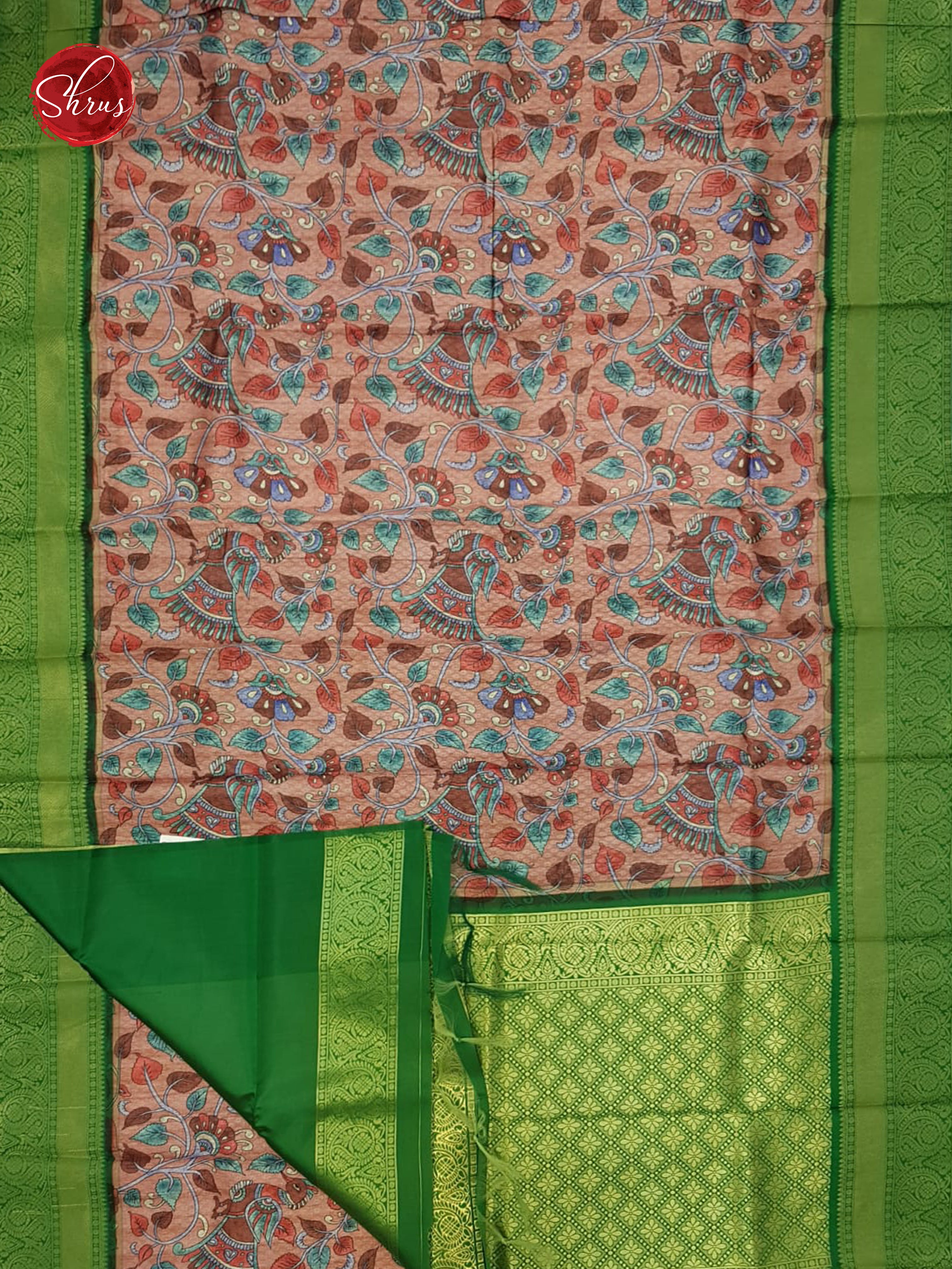 Pink & Green- Art Gadwal with floral print on the body& Contrast Zari Border - Shop on ShrusEternity.com