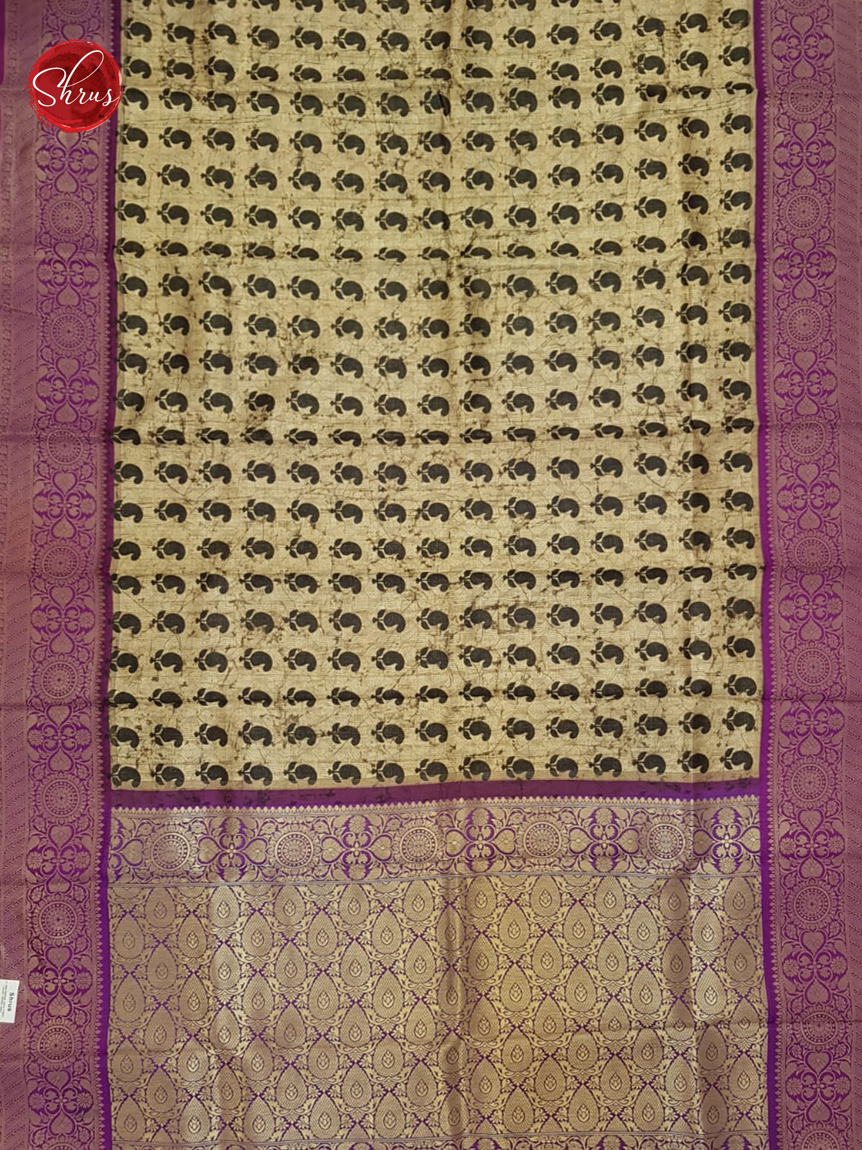 Beige & Purple -Art Gadwal with paisleys print on the body& Contrast Zari Border - Shop on ShrusEternity.com