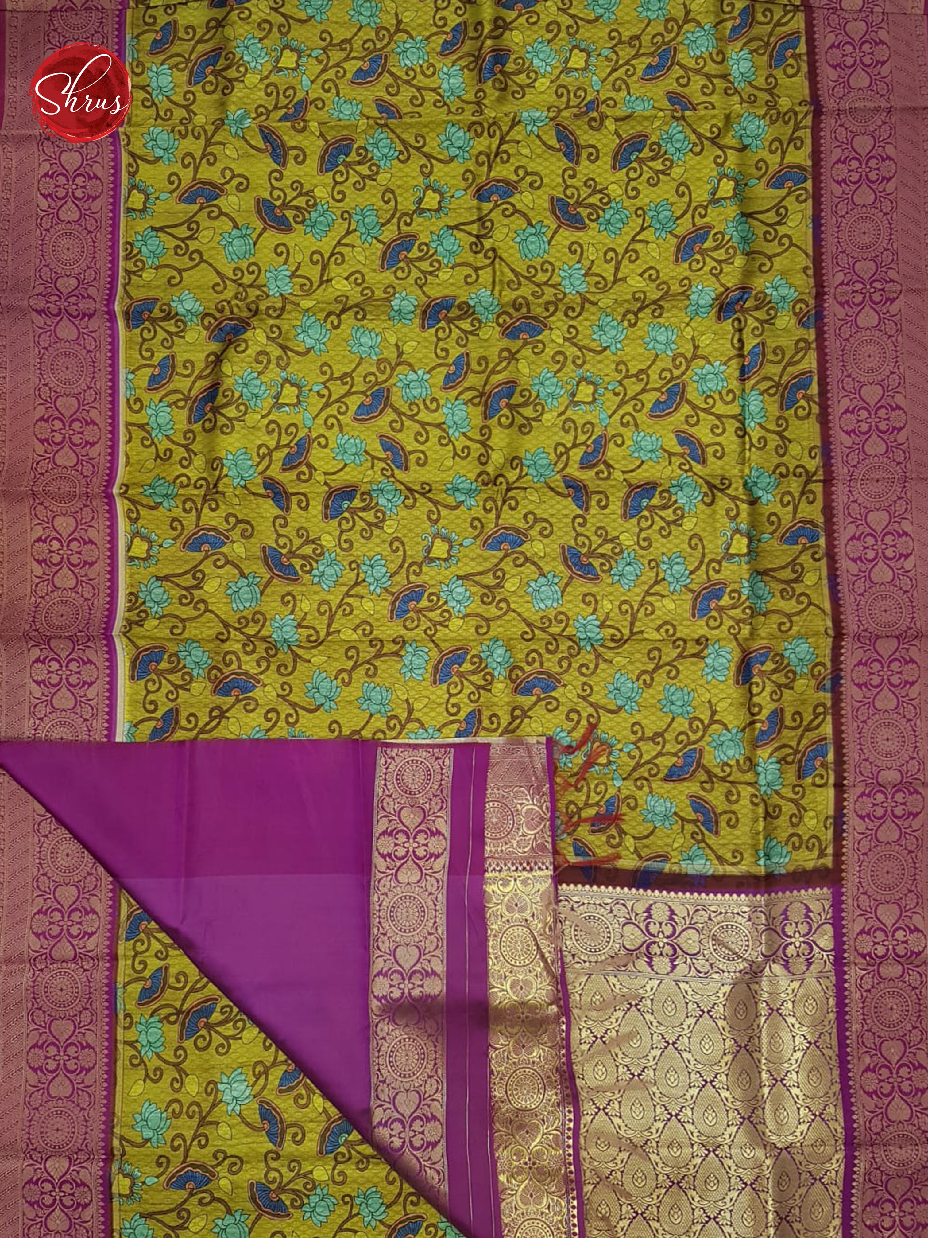 Green & Purple -Art Gadwal with floral print on the body& Contrast Zari Border - Shop on ShrusEternity.com