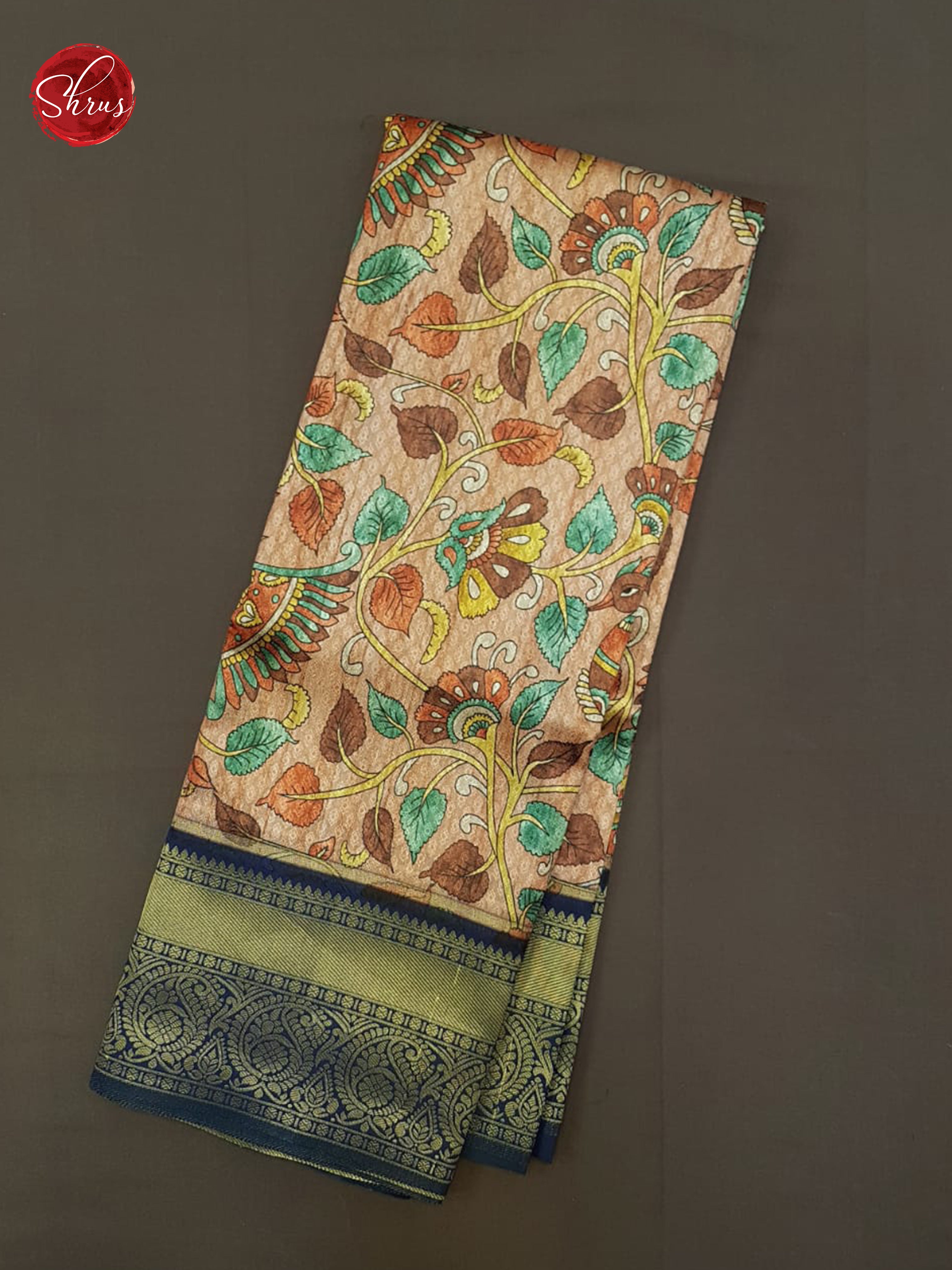 Light Brown & Blue -Art Gadwal with floral print on the body& Contrast Zari Border - Shop on ShrusEternity.com