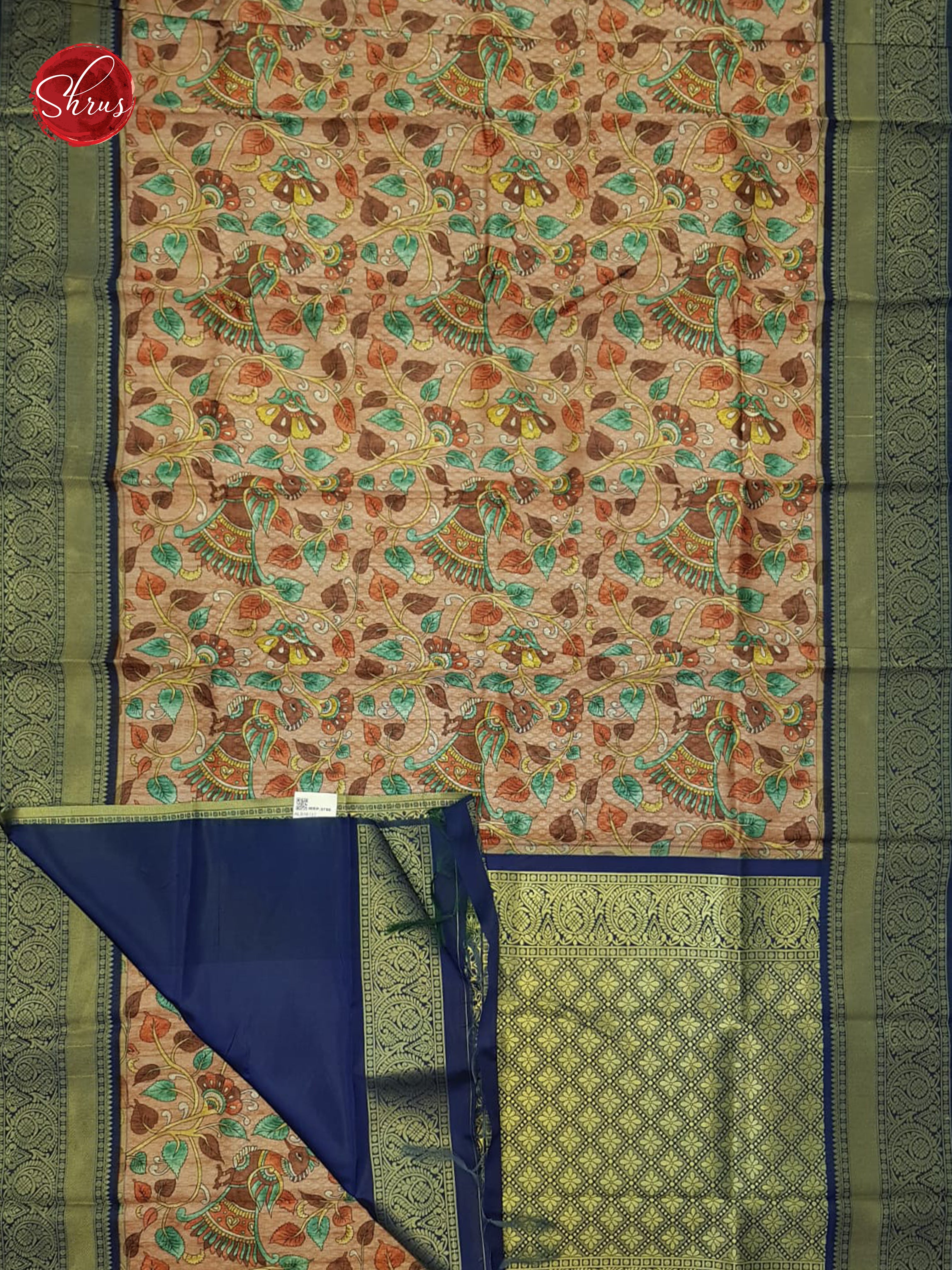 Light Brown & Blue -Art Gadwal with floral print on the body& Contrast Zari Border - Shop on ShrusEternity.com