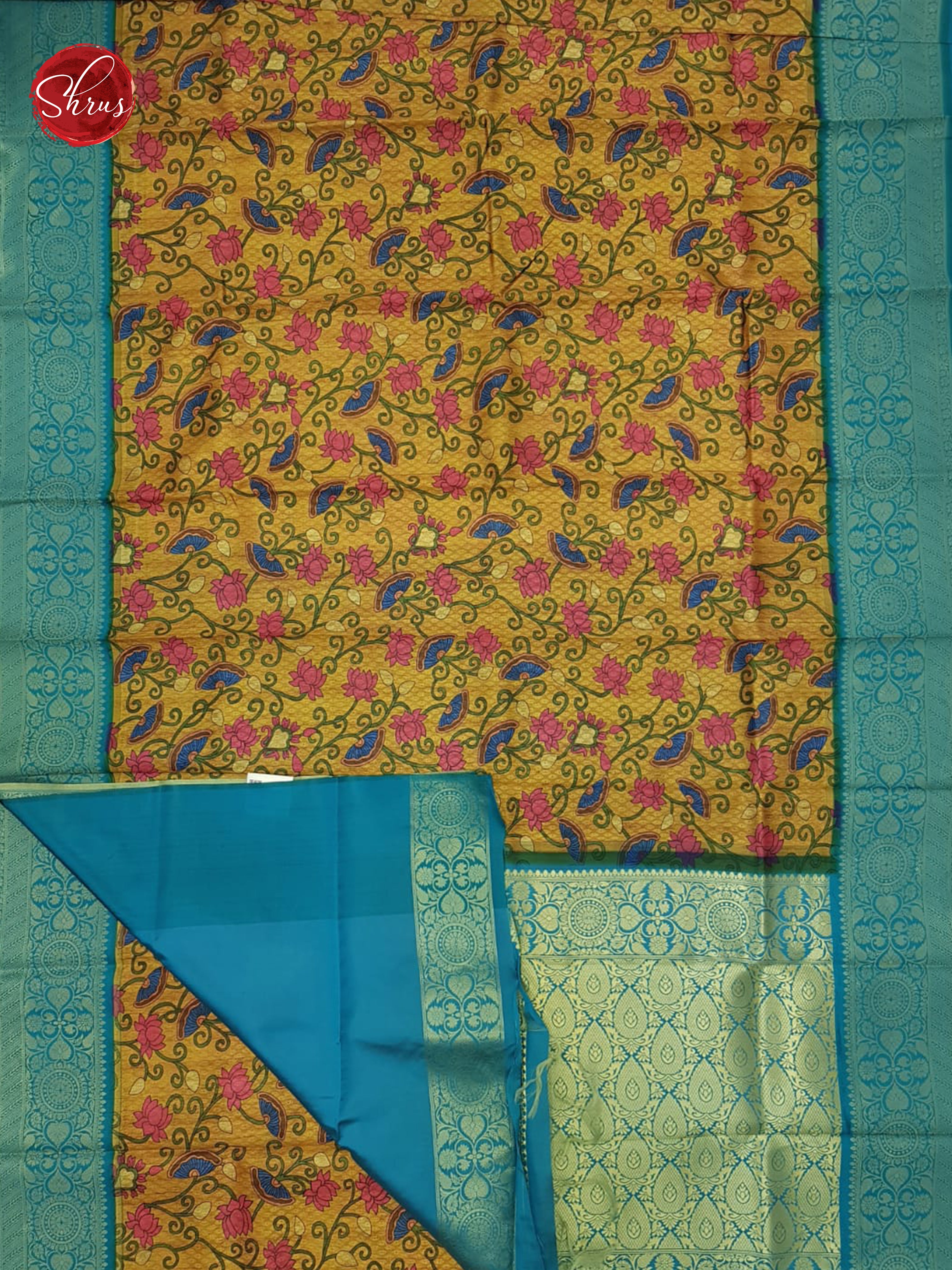 Mustard & Blue-  Art Gadwal with floral print on the body& Contrast Zari Border - Shop on ShrusEternity.com