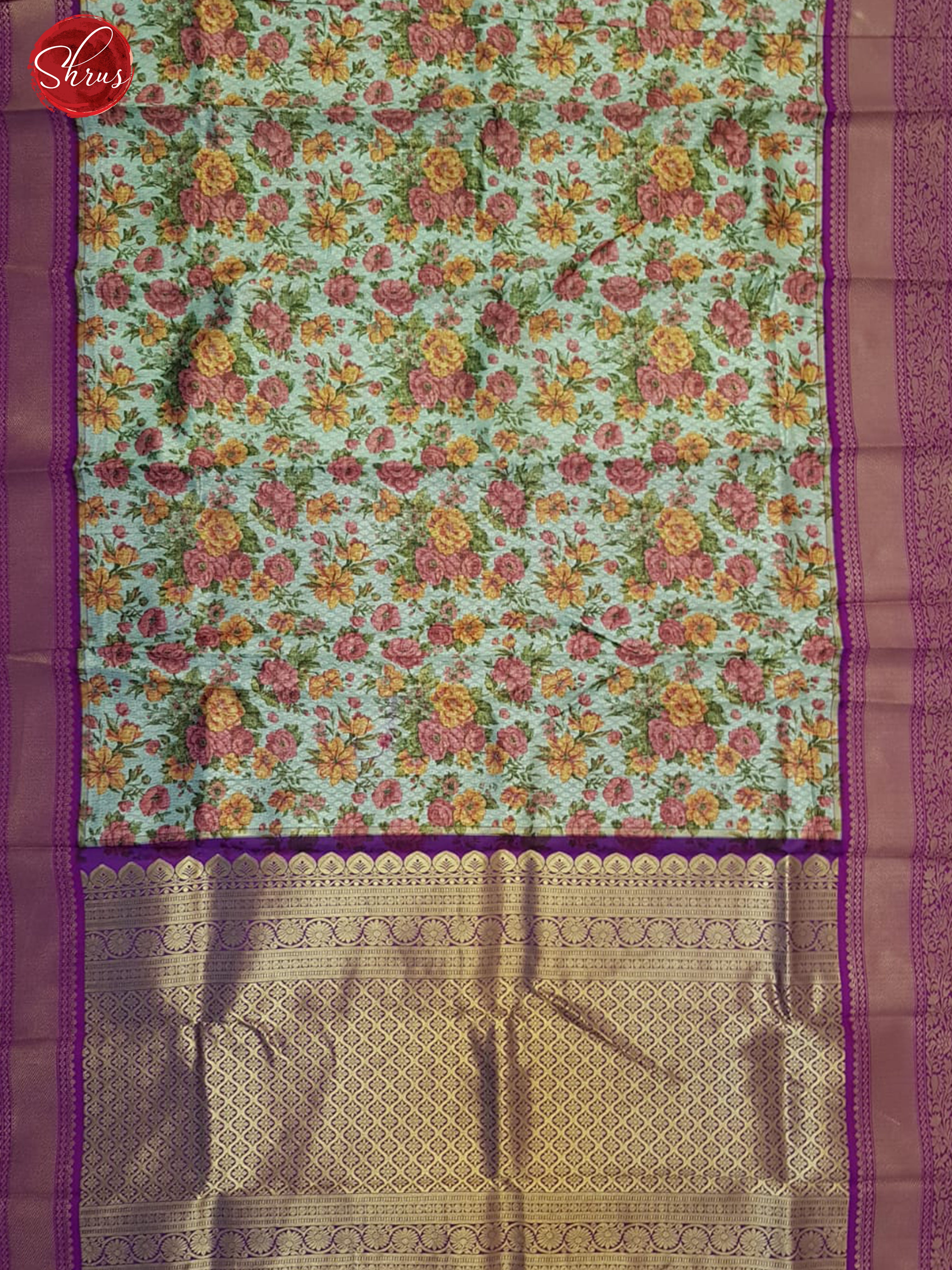 Blue & Pink - Art Gadwal with floral print on the body& Contrast Zari Border - Shop on ShrusEternity.com