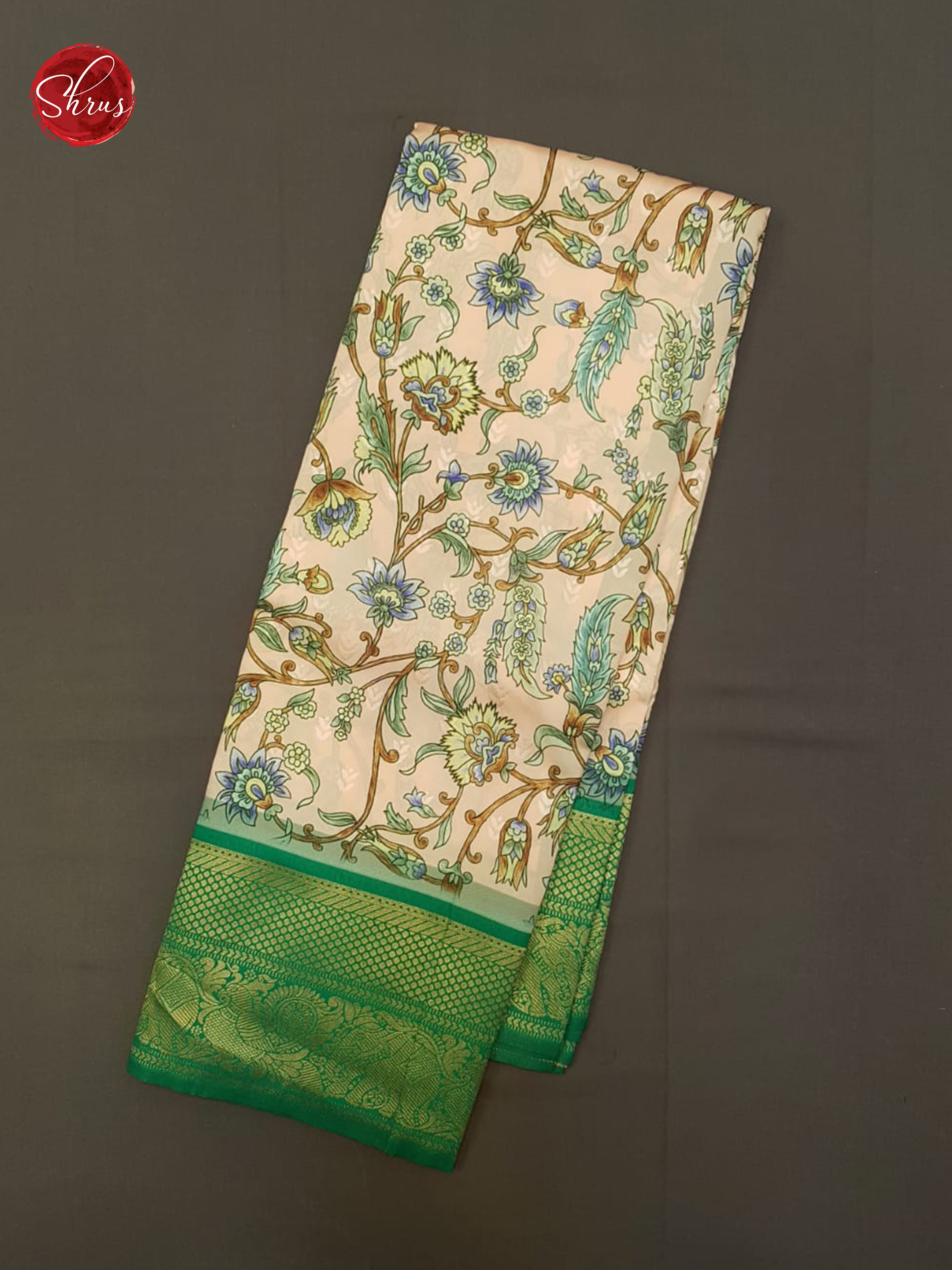 Peach & Green -  Art Gadwal with floral print on the body& Contrast Zari Border - Shop on ShrusEternity.com