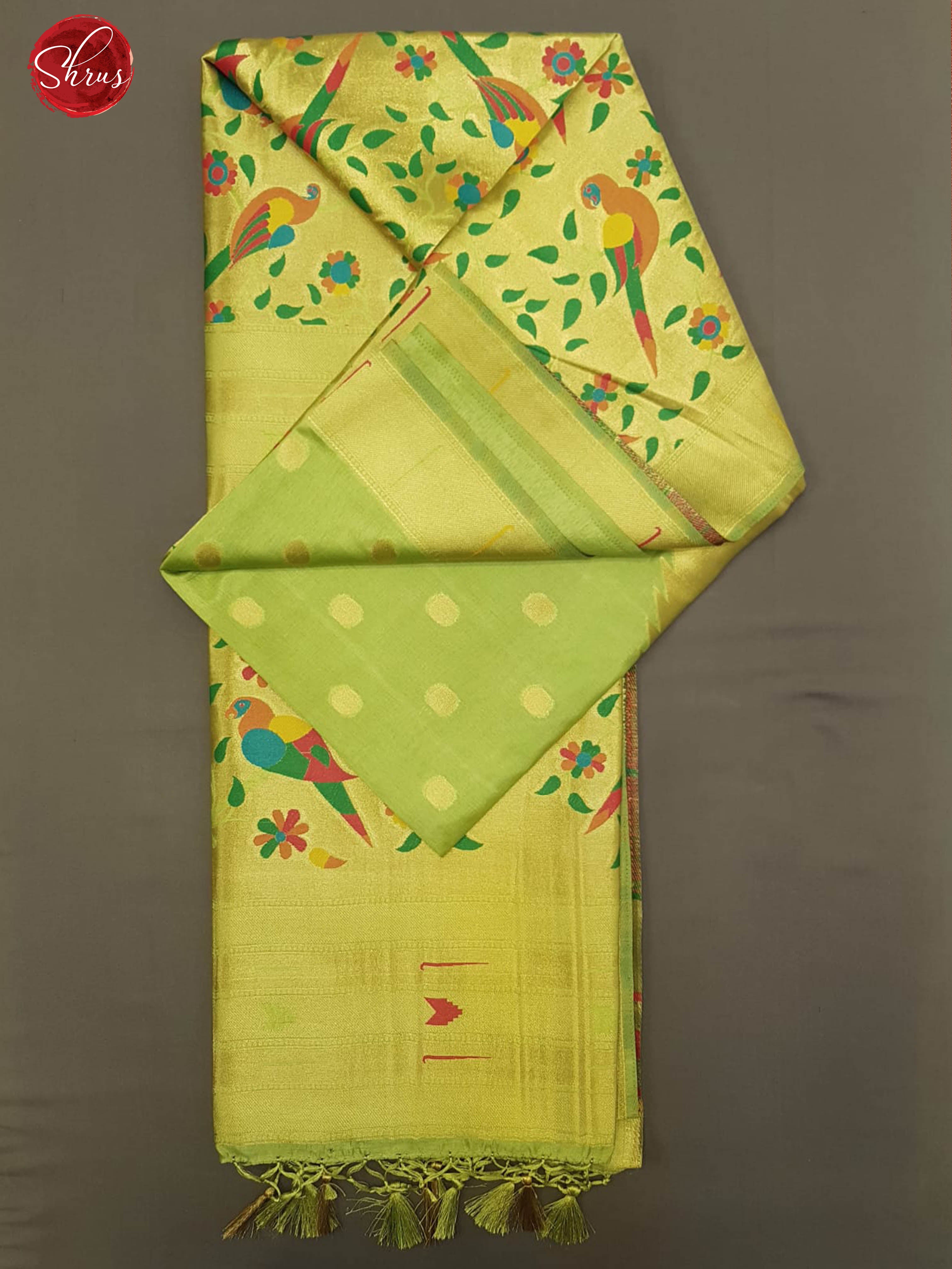 Light Green(Single Tone)- Semi Paithani with zari woven round buttas on the body& Zari Border - Shop on ShrusEternity.com