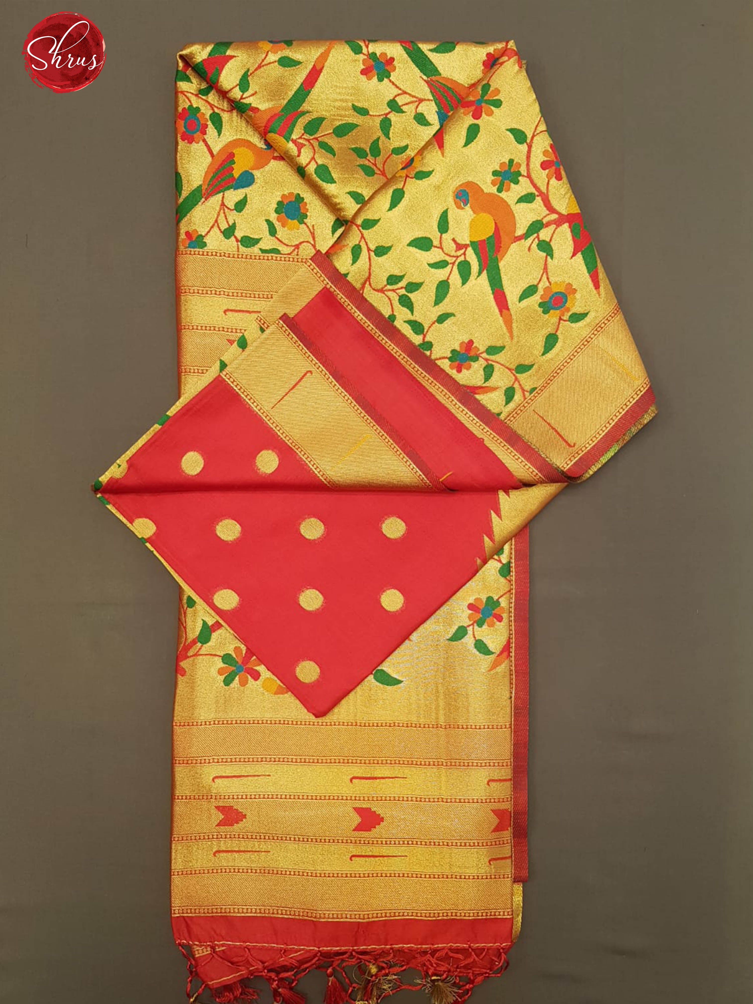 Red(Single Tone)- Semi Paithani with zari woven round buttas on the body& Zari Border - Shop on ShrusEternity.com