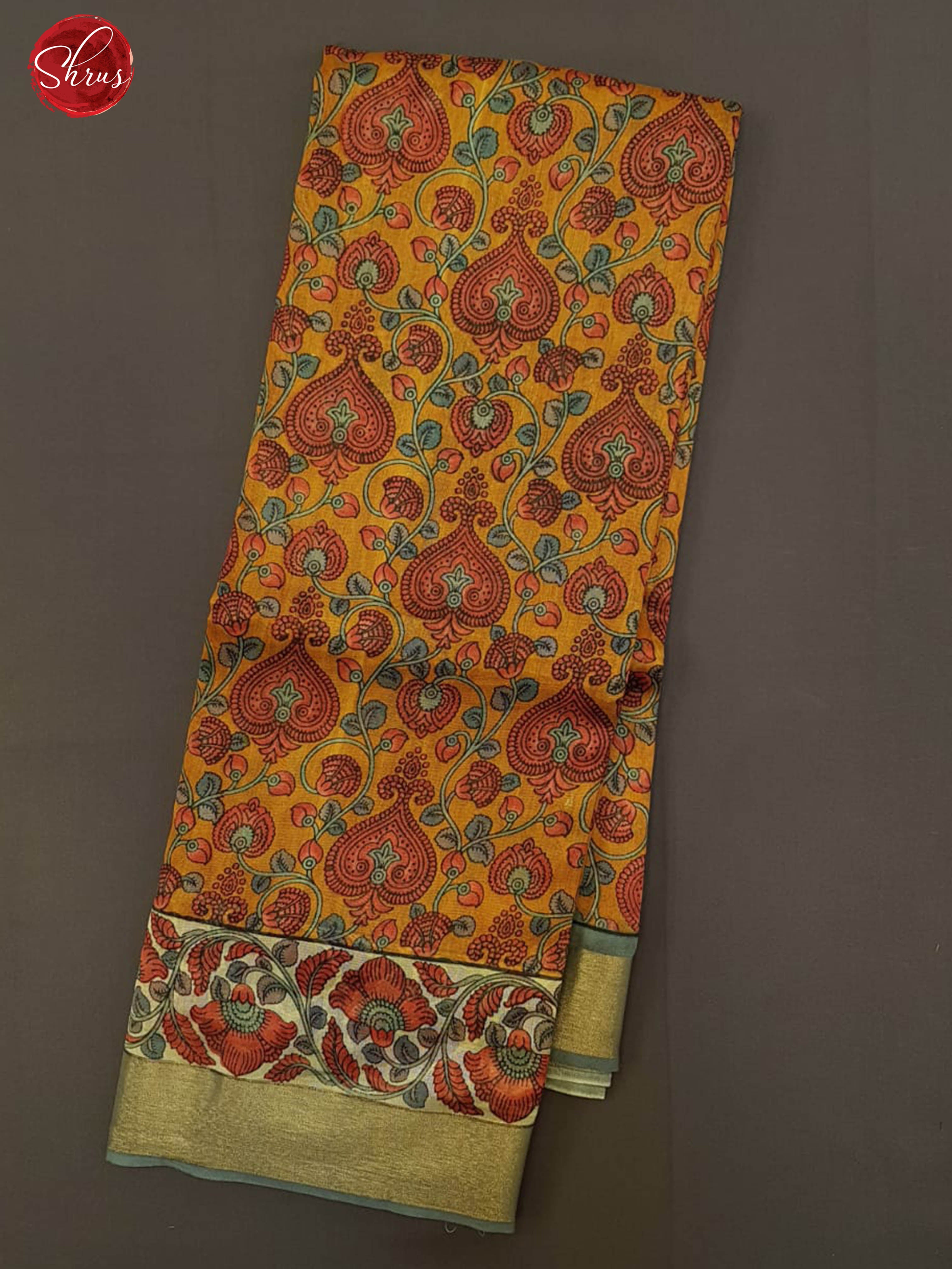 Mustardy Yellow & Grey -Moonga Silk with printed Body & Contrast Zari Border - Shop on ShrusEternity.com