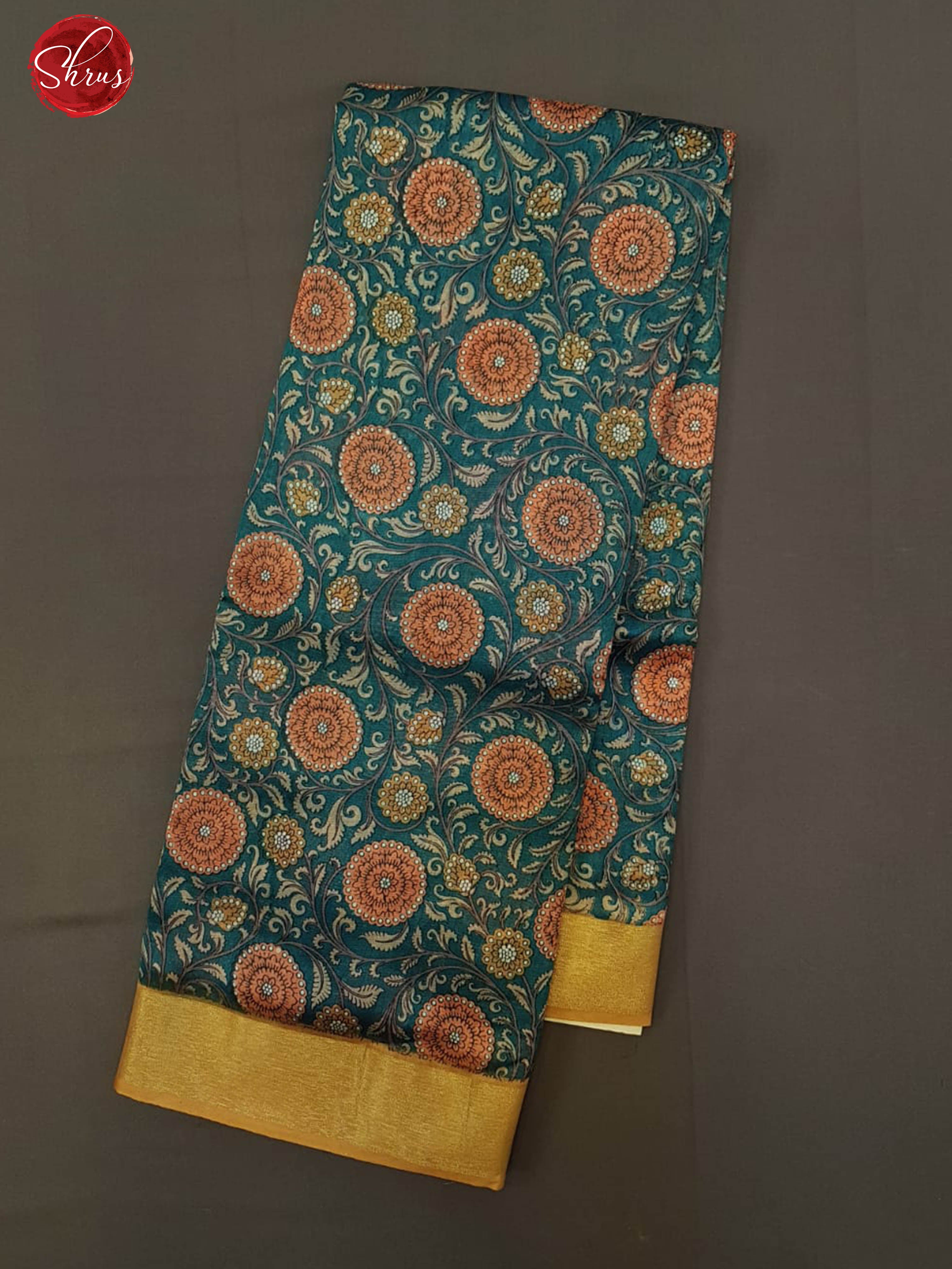 Peacock Blue & Dull Gold -Moonga Silk with printed Body & Contrast Zari Border - Shop on ShrusEternity.com