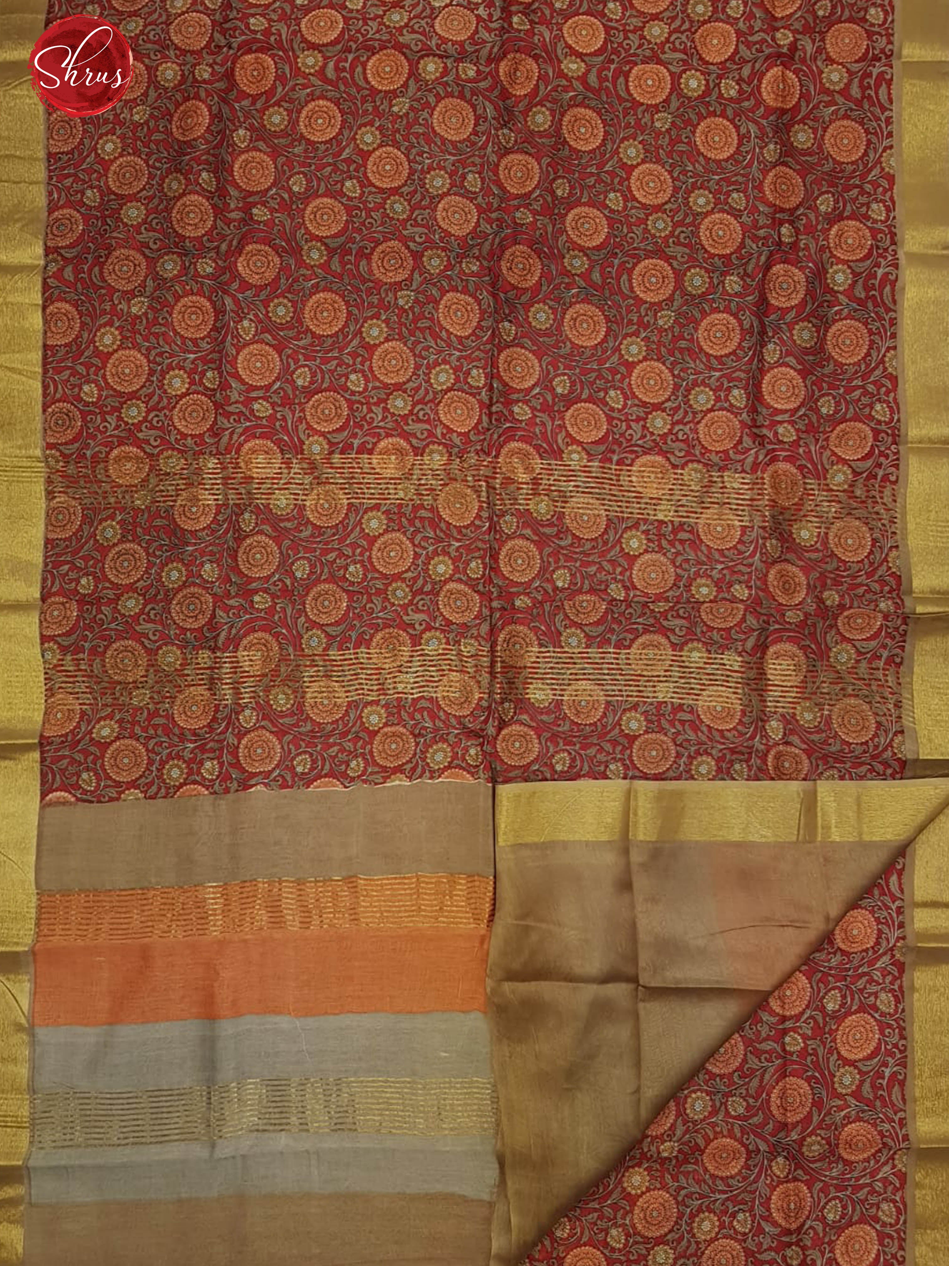Red & Light Brown-Moonga Silk with printed Body & Contrast Zari Border - Shop on ShrusEternity.com