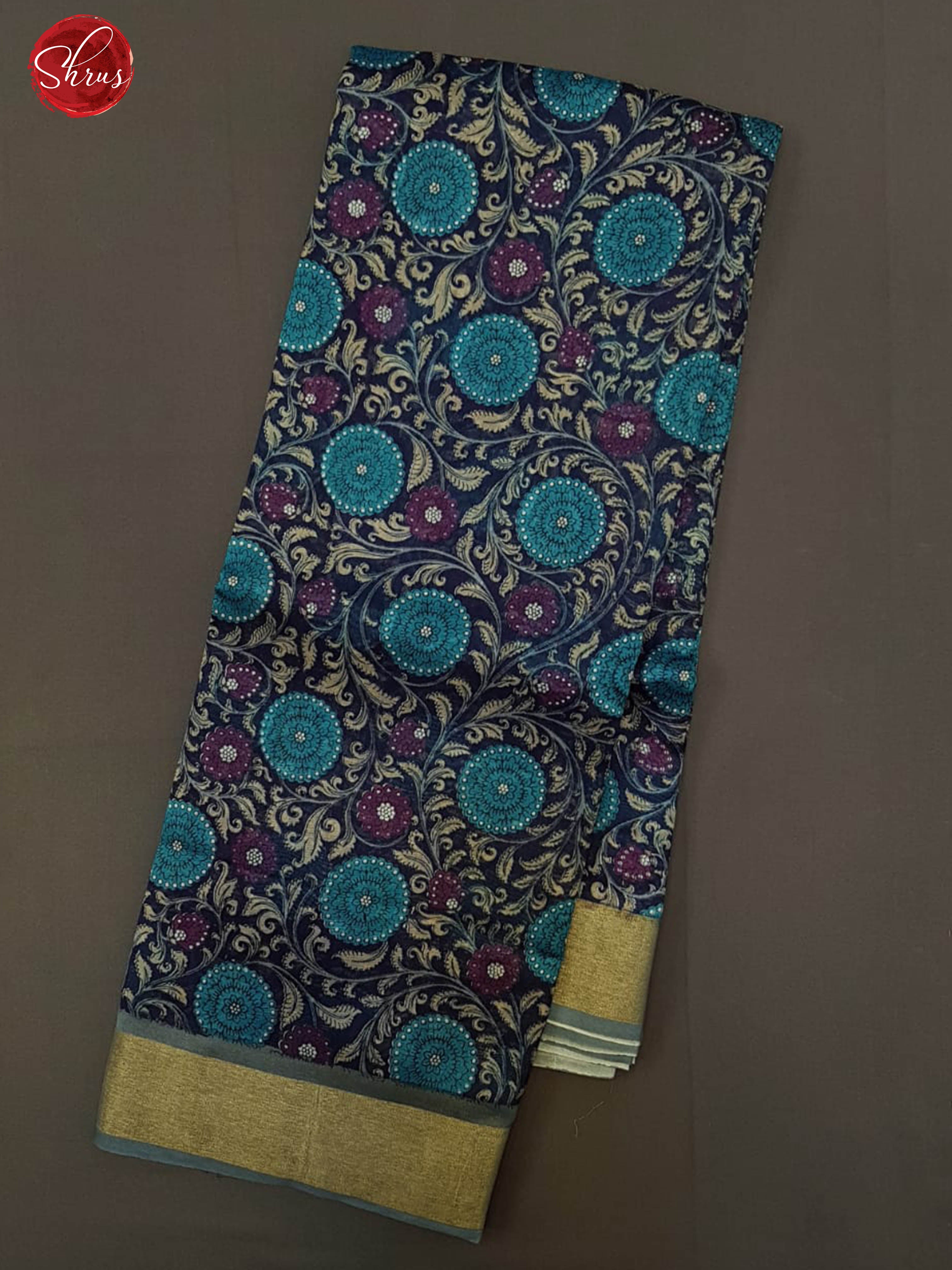 Blue & Grey -Moonga Silk with printed Body & Contrast Zari Border - Shop on ShrusEternity.com