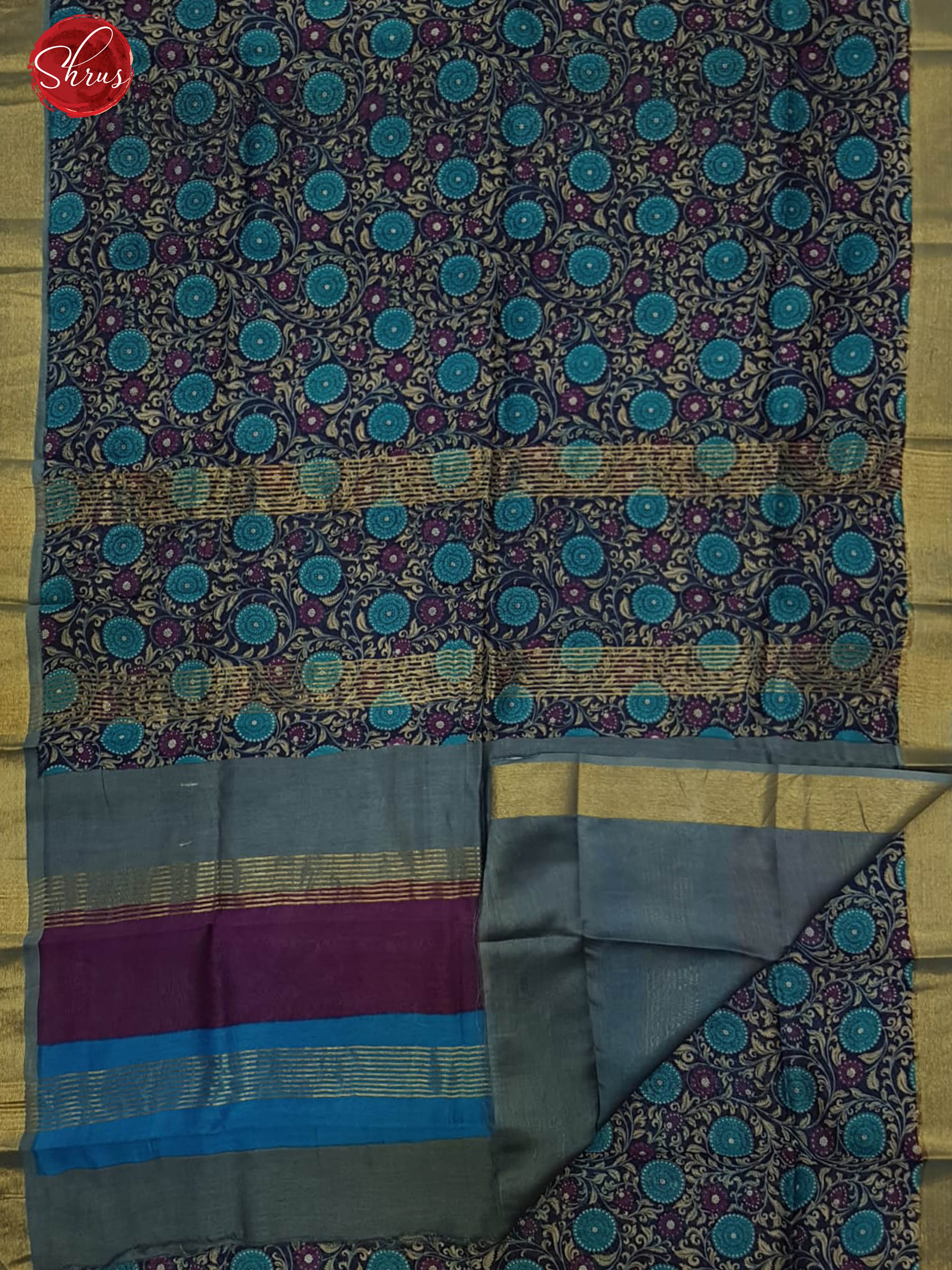Blue & Grey -Moonga Silk with printed Body & Contrast Zari Border - Shop on ShrusEternity.com