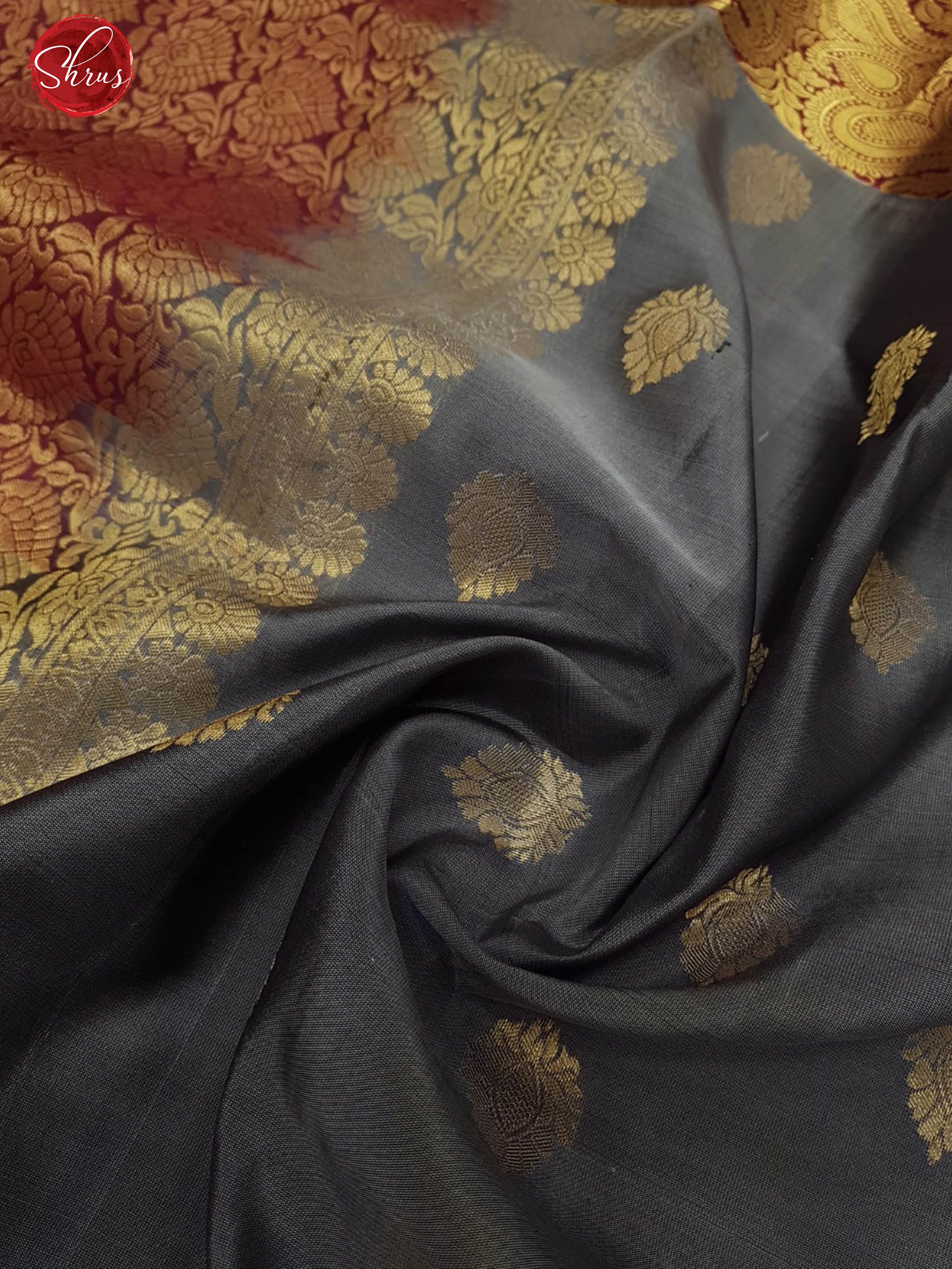 Grey  & Maroon - Kanchipuram Silk with Zari woven floral buttas on the body & Zari Border - Shop on ShrusEternity.com