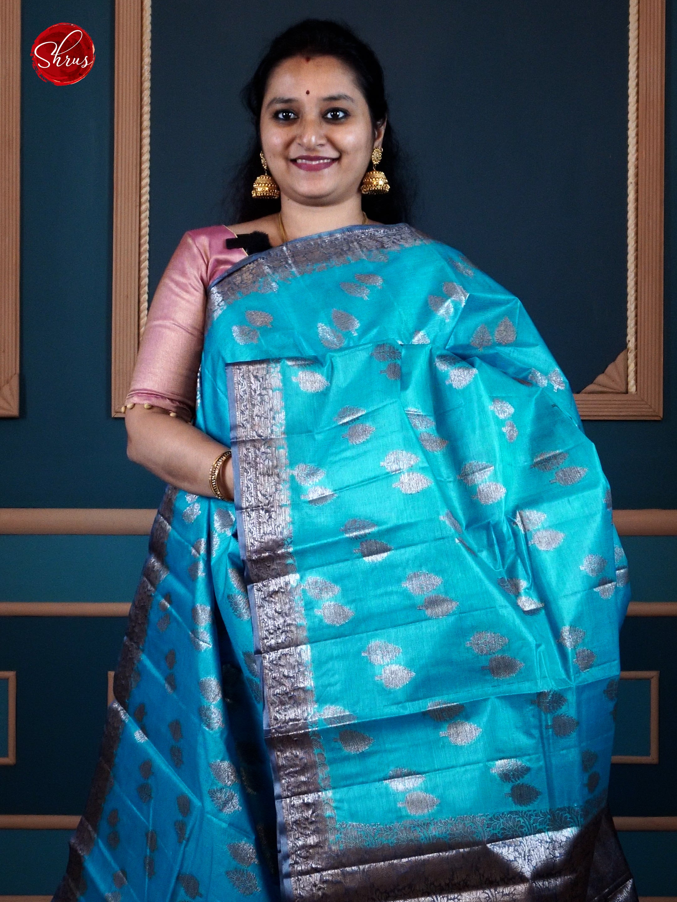 Blue & Grey - Tussar with  zari woven floral motifs  on the body & contrast  Zari Border - Shop on ShrusEternity.com