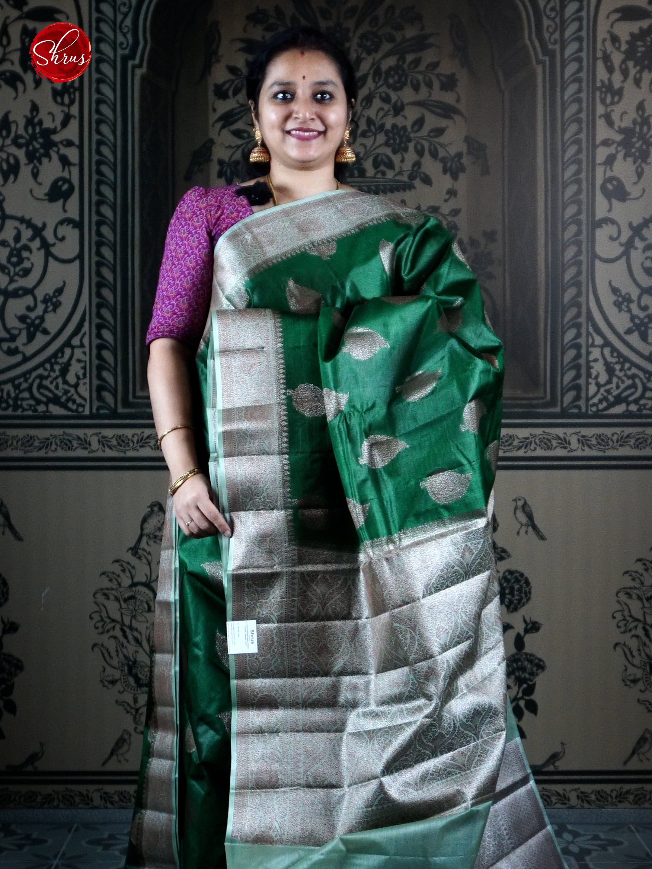 Green  & Beige - Tussar with zari woven floral motifs on he body & Contrast Zari border - Shop on ShrusEternity.com
