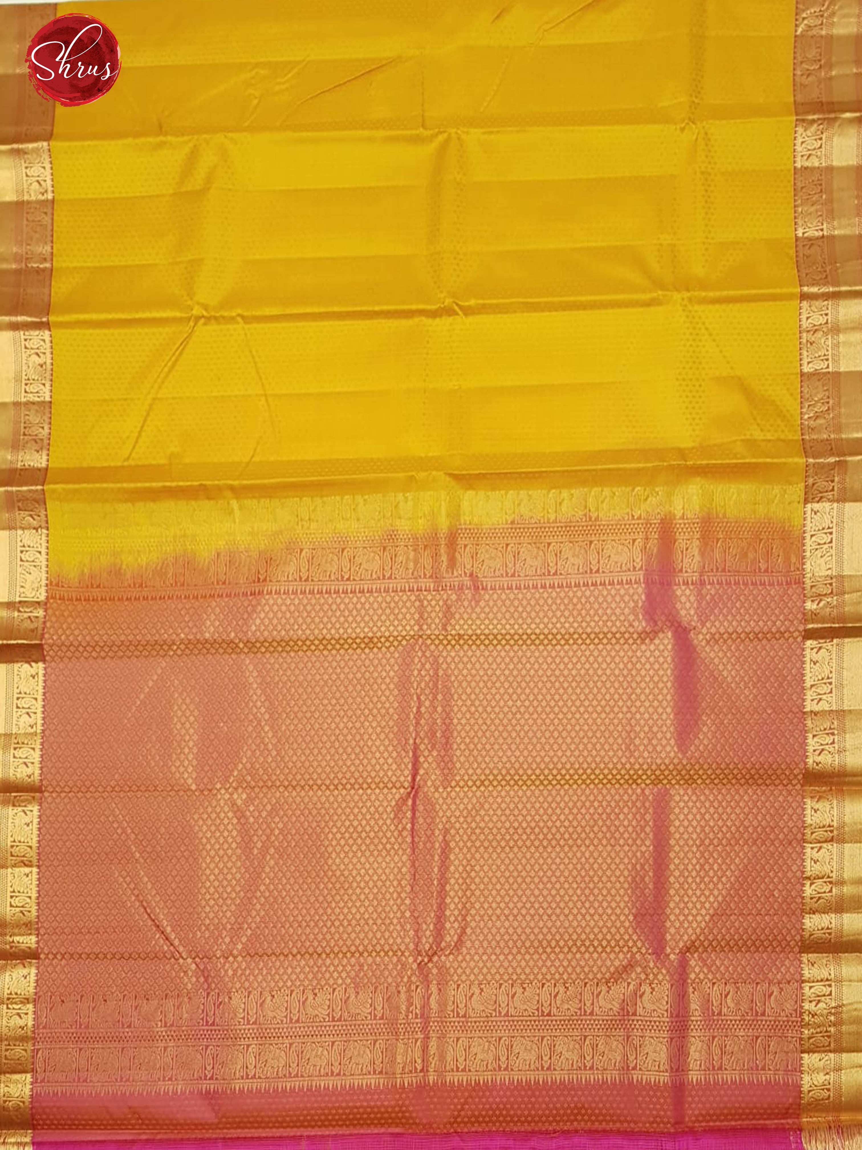 Yellow & Pink-Kanchipuram Silk with zari buttas on the body & Contrast zari Border - Shop on ShrusEternity.com