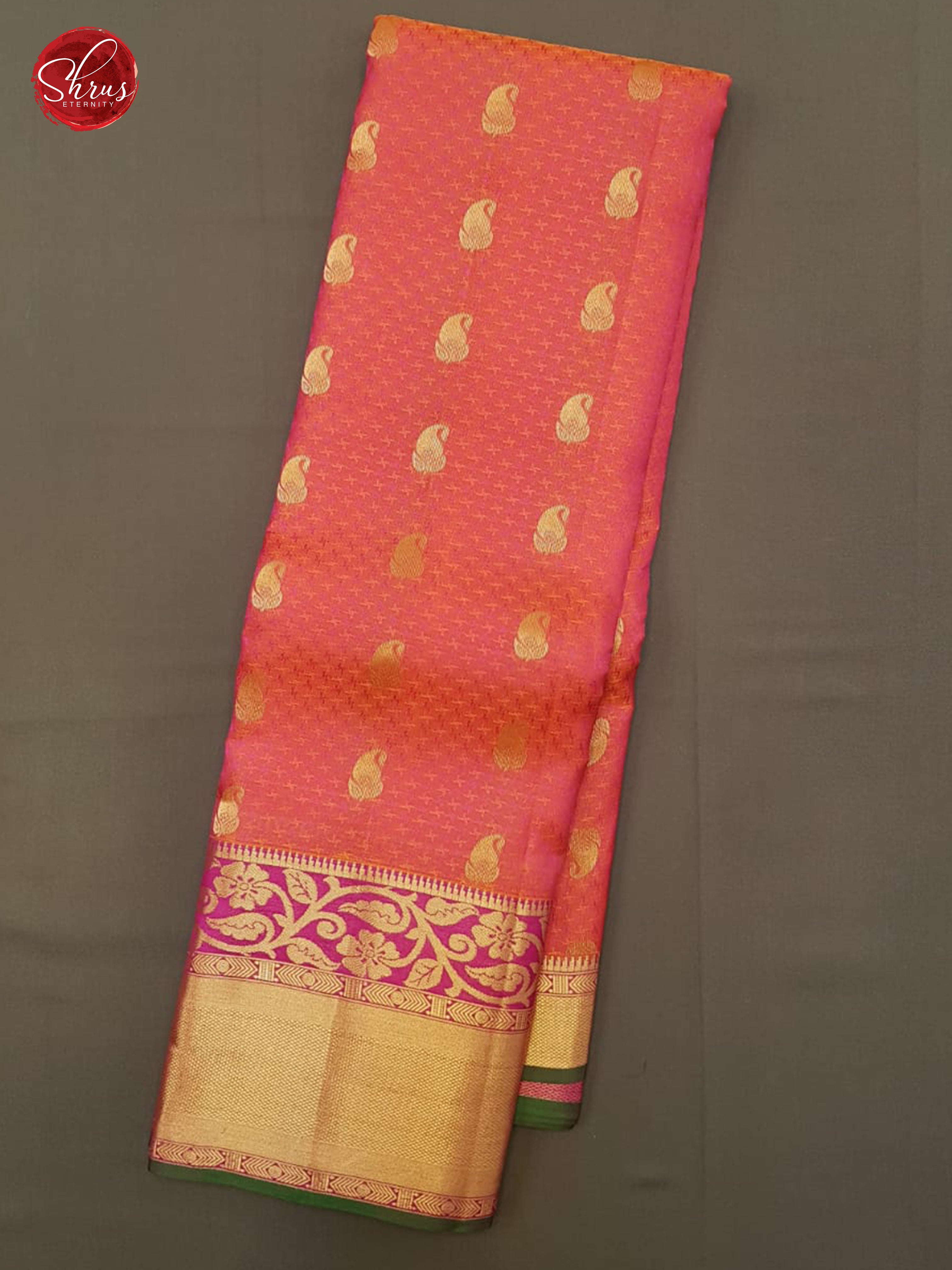 Orangish Pink & Pink -Kanchipuram Silk with zari buttas on the body & Contrast zari Border - Shop on ShrusEternity.com