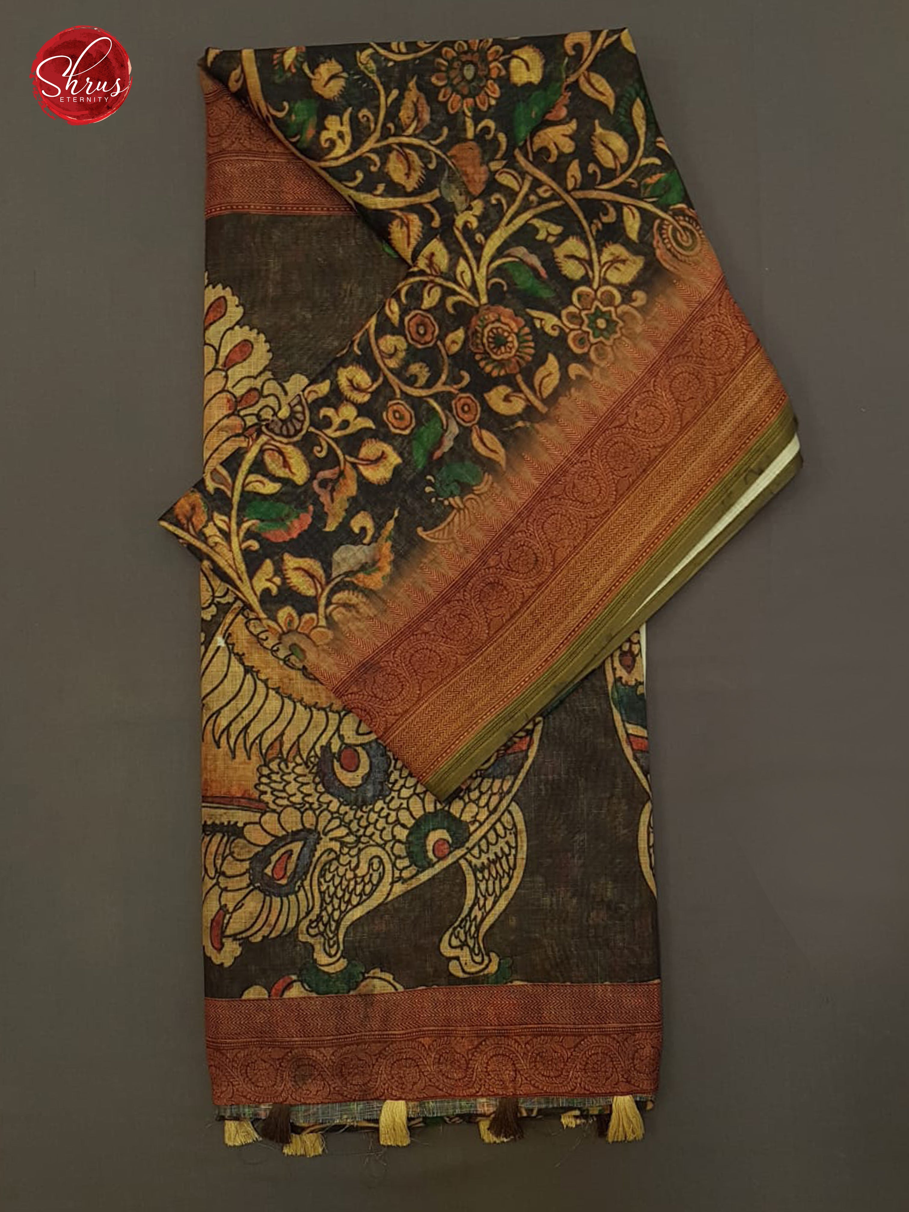 Dark Brown(Single tone)- Matka Cotton with floral print on the Body &    zari Border - Shop on ShrusEternity.com