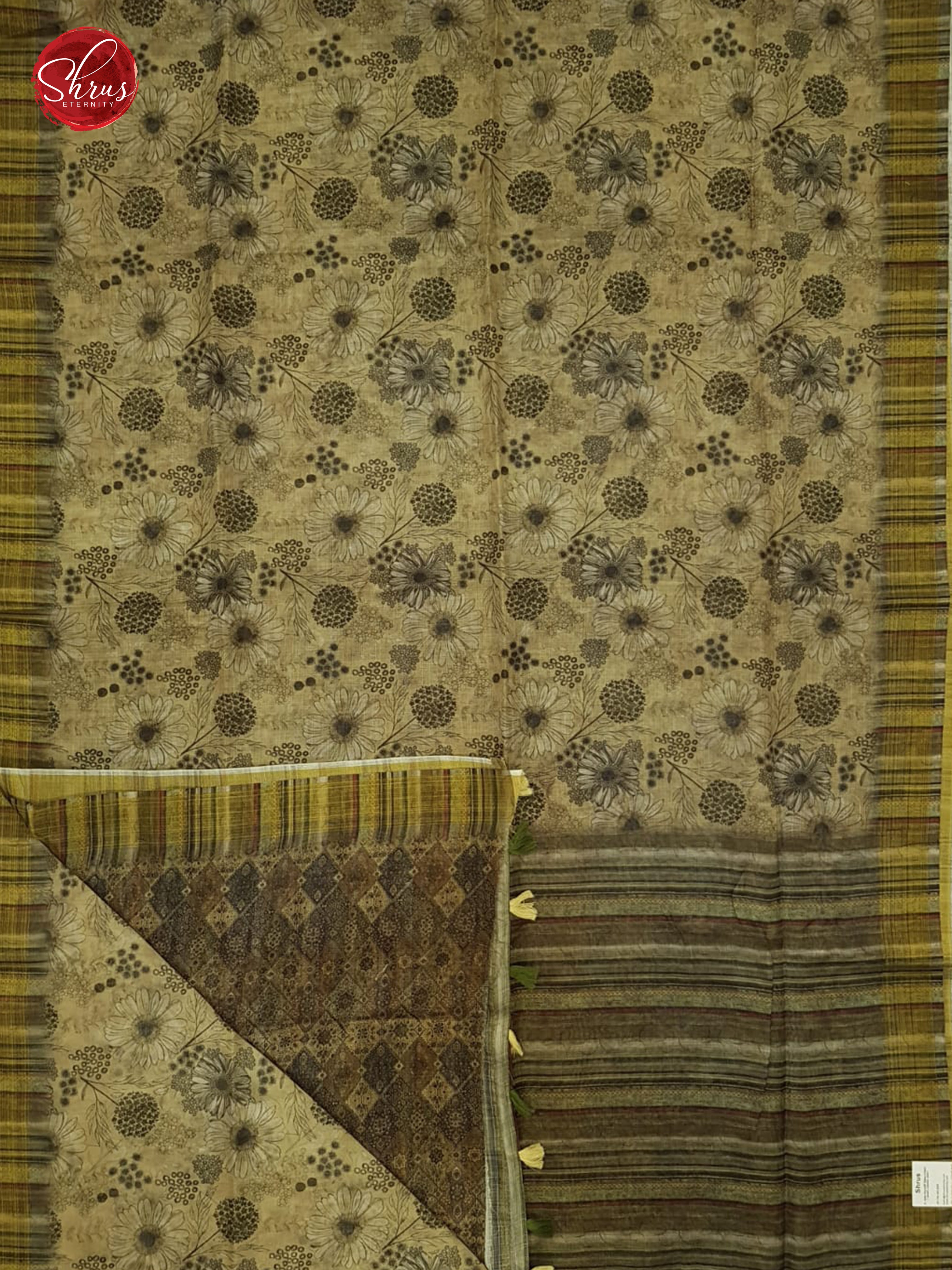 Elachi Green & Brown - Matka Cotton with floral print on the Body &    printed  Border - Shop on ShrusEternity.com
