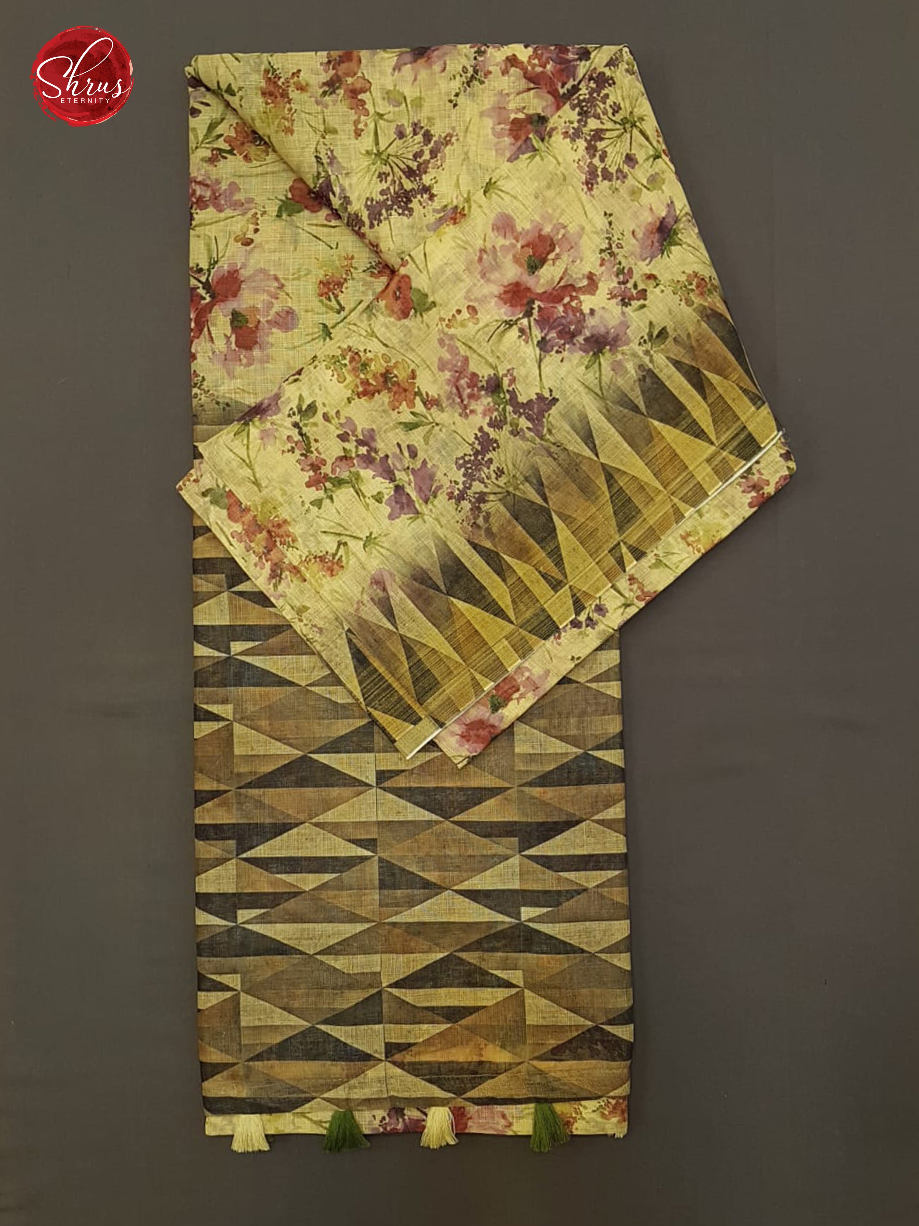 Light Yellow & Brown - Matka Cotton with floral print on the Body &    printed  Border - Shop on ShrusEternity.com