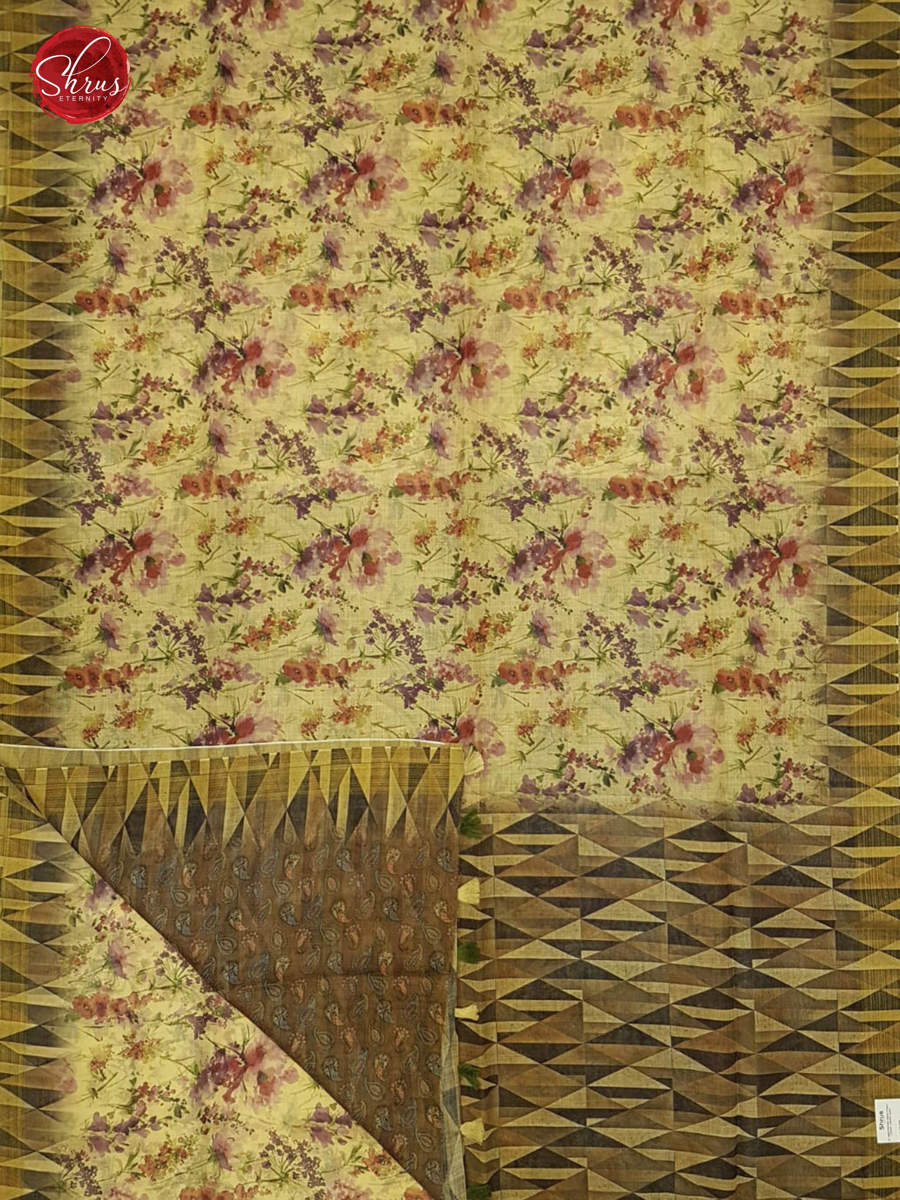 Light Yellow & Brown - Matka Cotton with floral print on the Body &    printed  Border - Shop on ShrusEternity.com