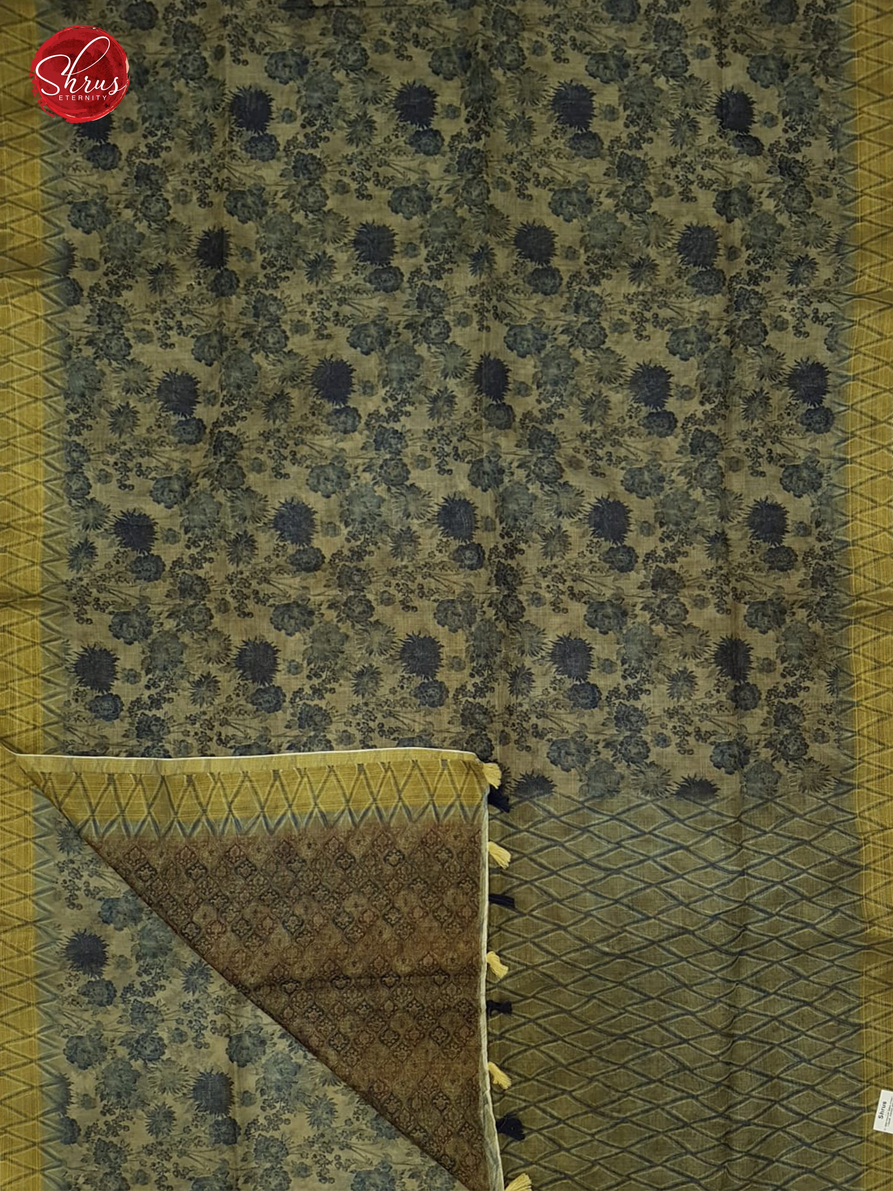 Greenish Grey & Brown -  Matka Cotton with floral print on the Body &    zari  Border - Shop on ShrusEternity.com