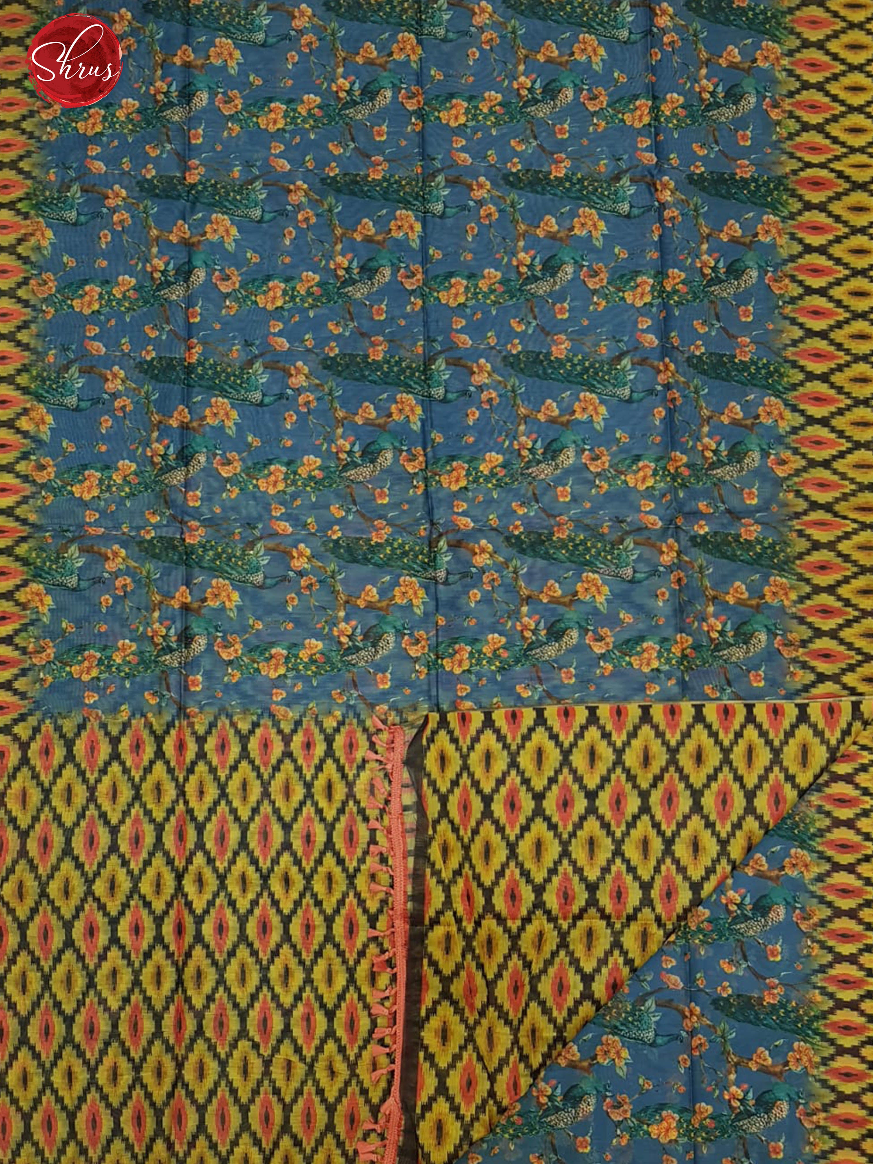 Blue & Yellow-Semi Jute with floral  Printed Body & contrast Border - Shop on ShrusEternity.com